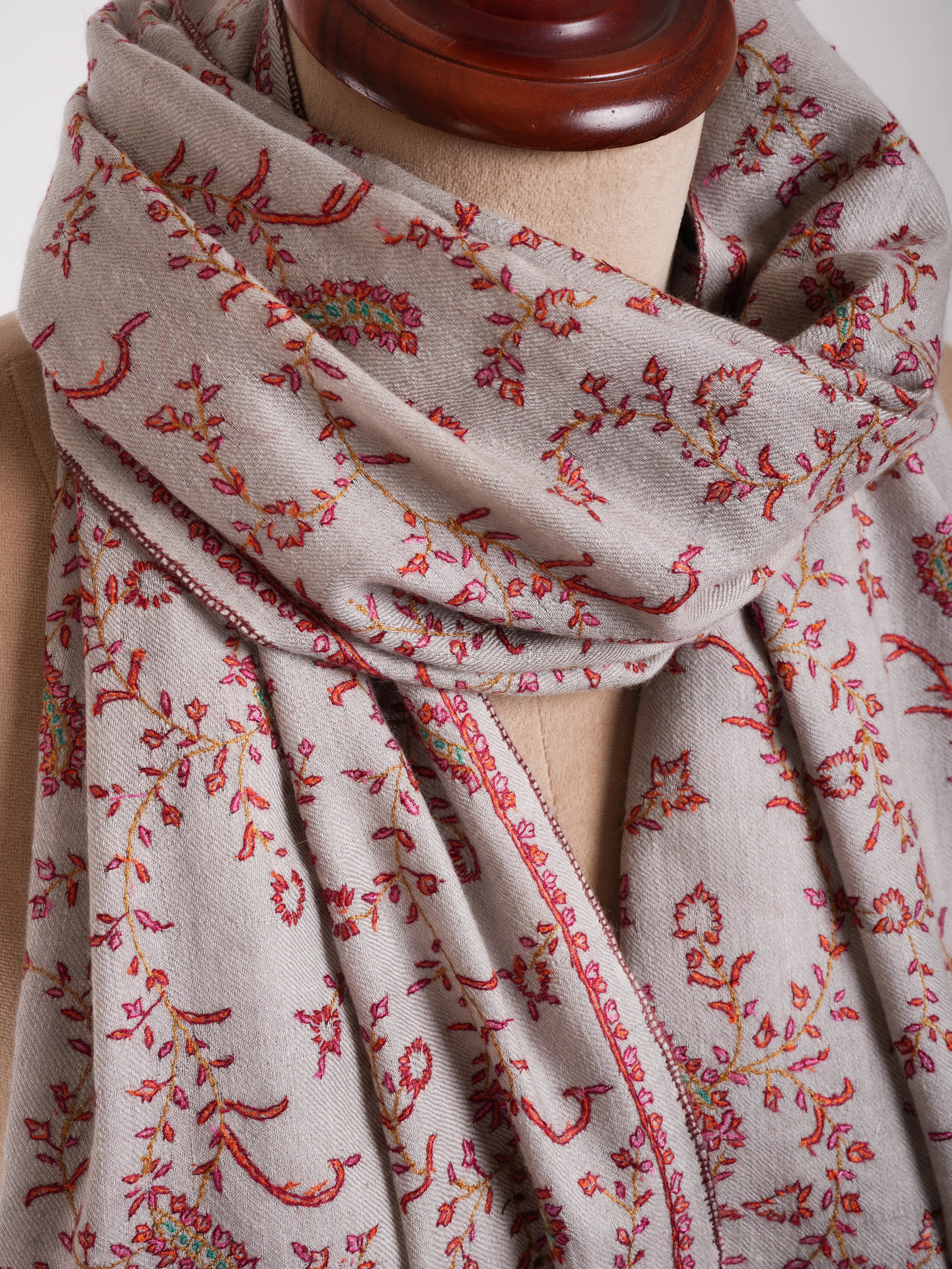 Grey Hand Embroidered Lightweight Indian Cashmere Stole Shahkaar