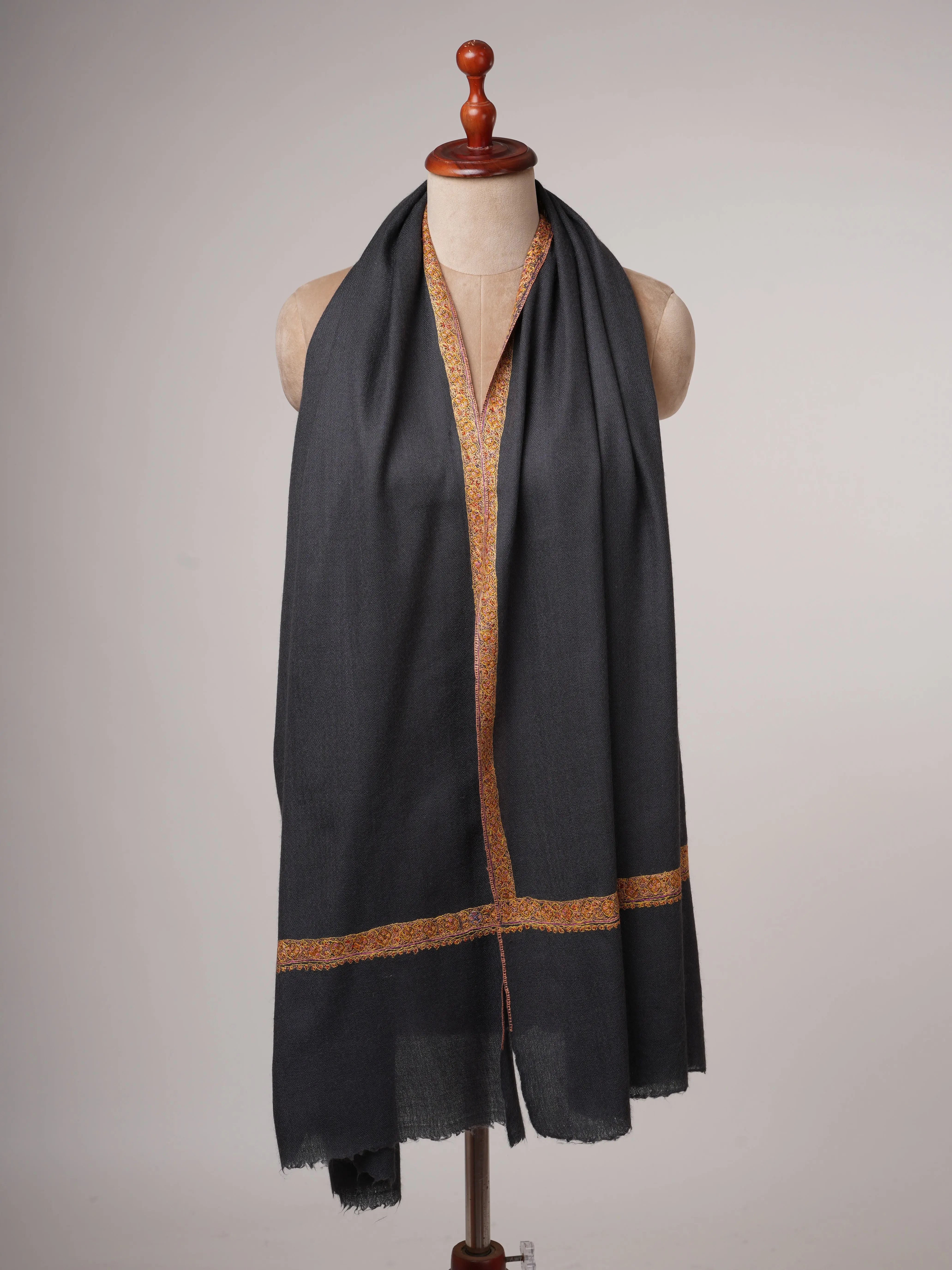 Grey Hand Embroidered Silk Wool Shawl with Hashia Border Shahkaar