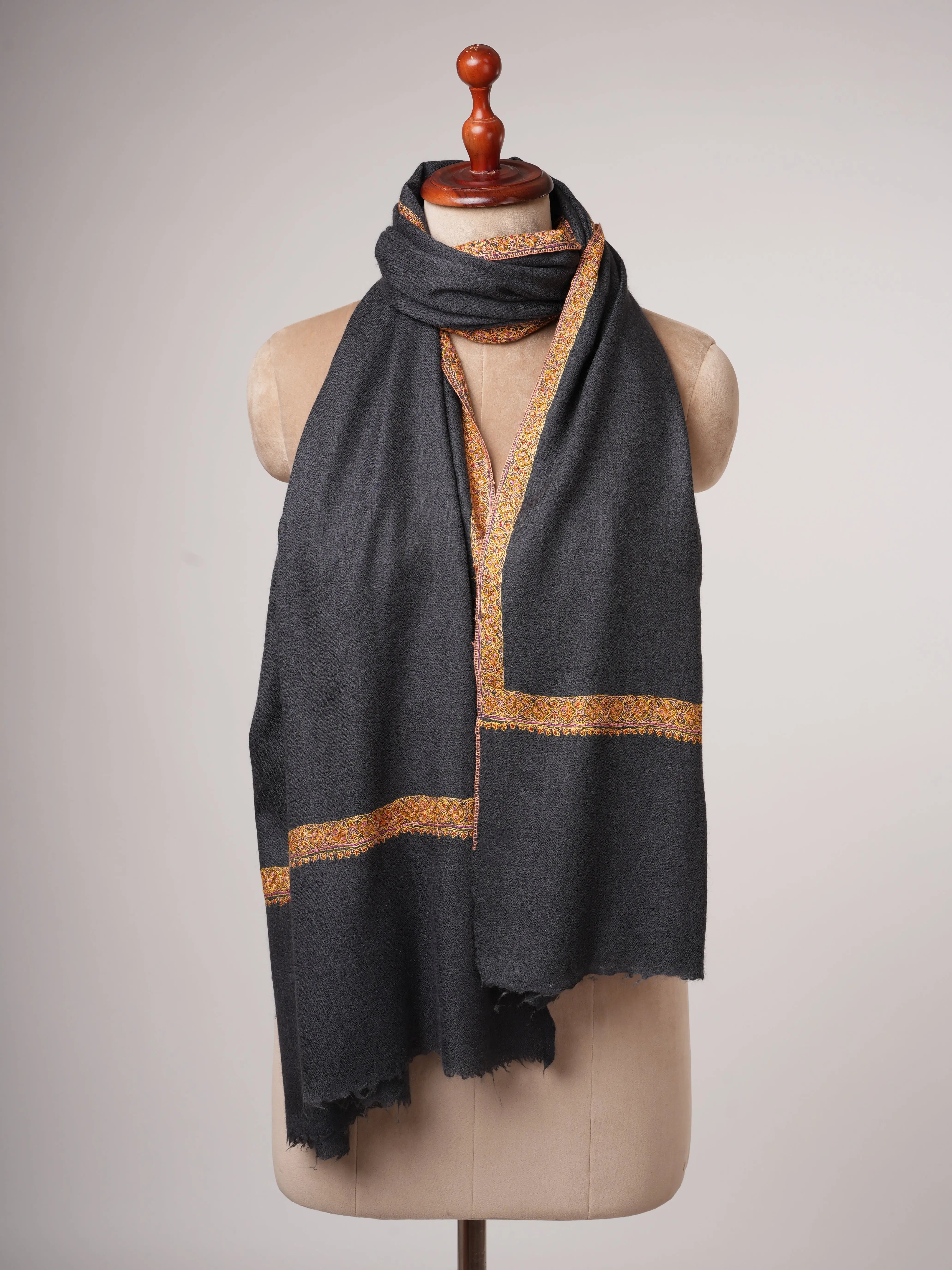 Grey Hand Embroidered Silk Wool Shawl with Hashia Border Shahkaar