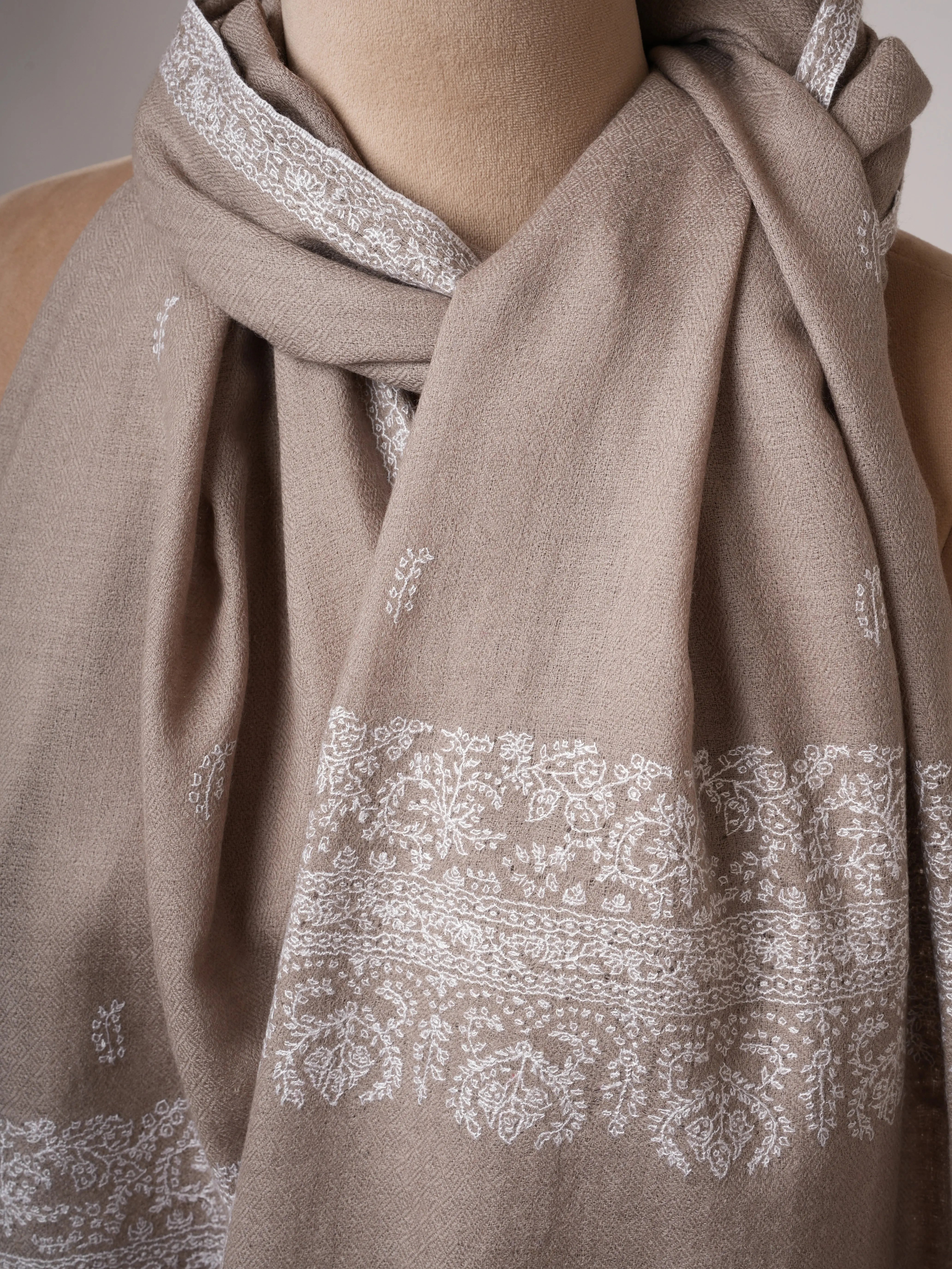 Grey Hand Embroidered Silkwool Scarf with White Threadwork Wrap for All Seasons Shahkaar