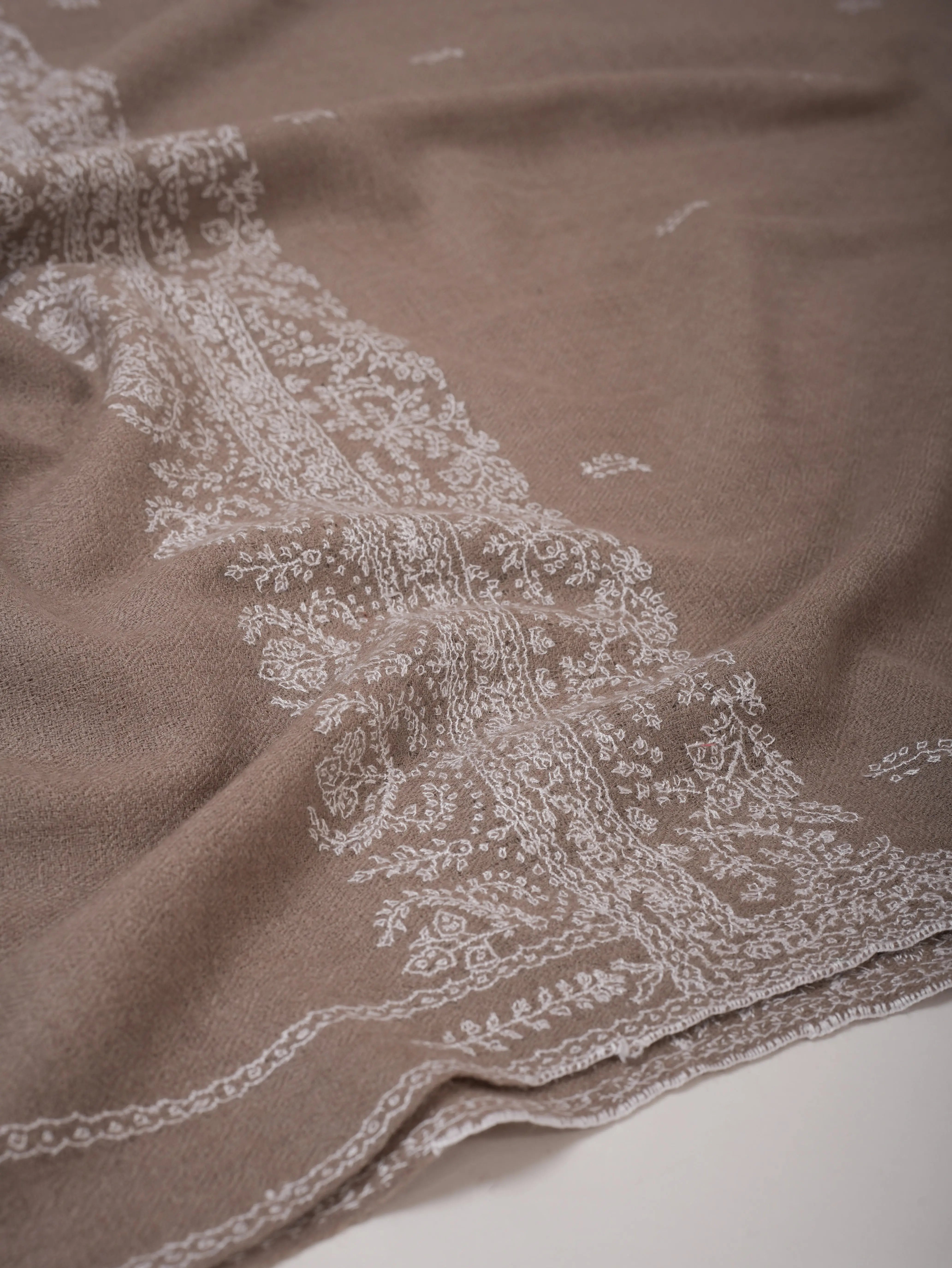 Grey Hand Embroidered Silkwool Scarf with White Threadwork Wrap for All Seasons Shahkaar