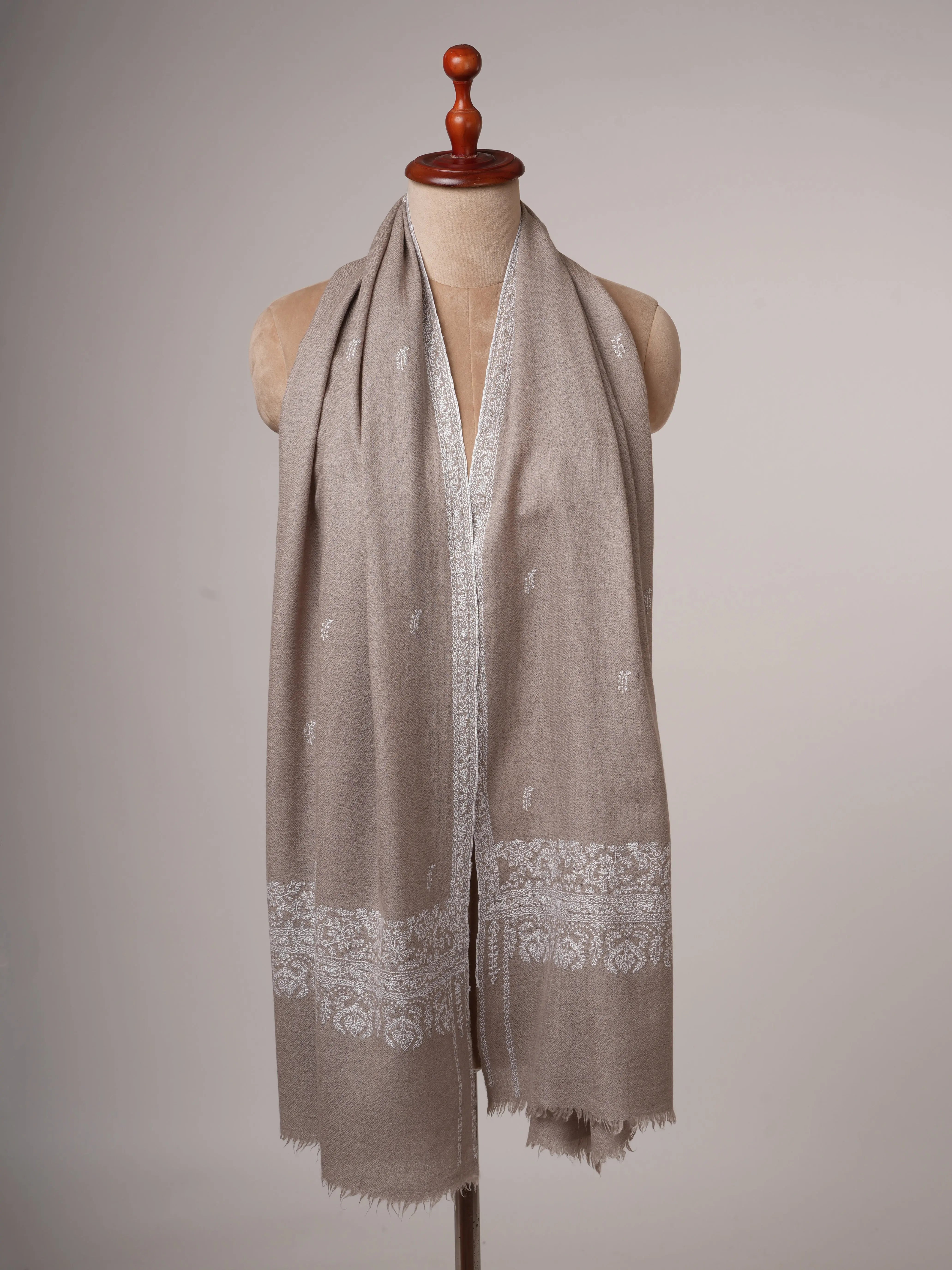 Grey Hand Embroidered Silkwool Scarf with White Threadwork Wrap for All Seasons Shahkaar