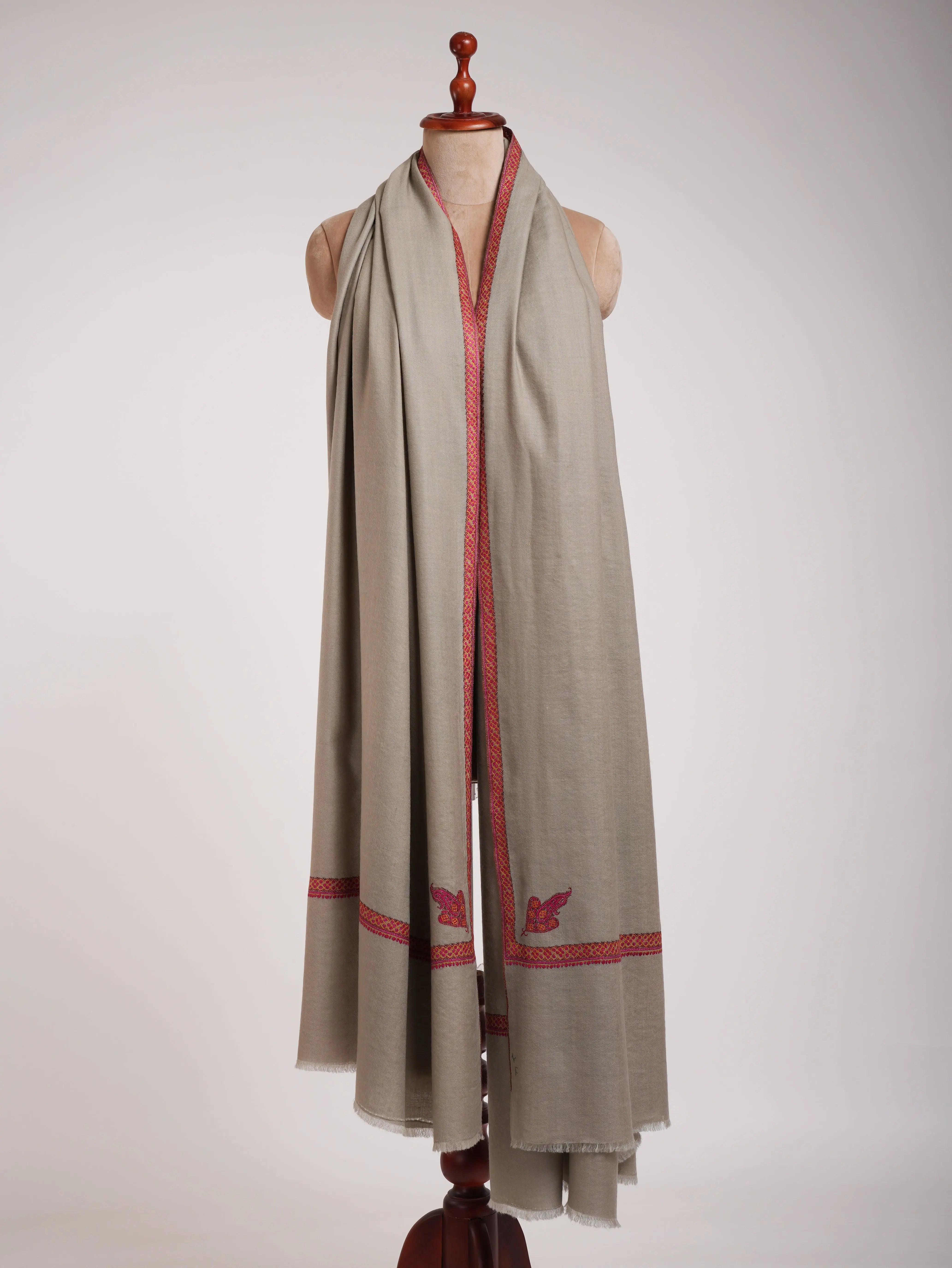 Grey Handloomed Kashmiri XL Pashmina Embroidered Shawl Shahkaar