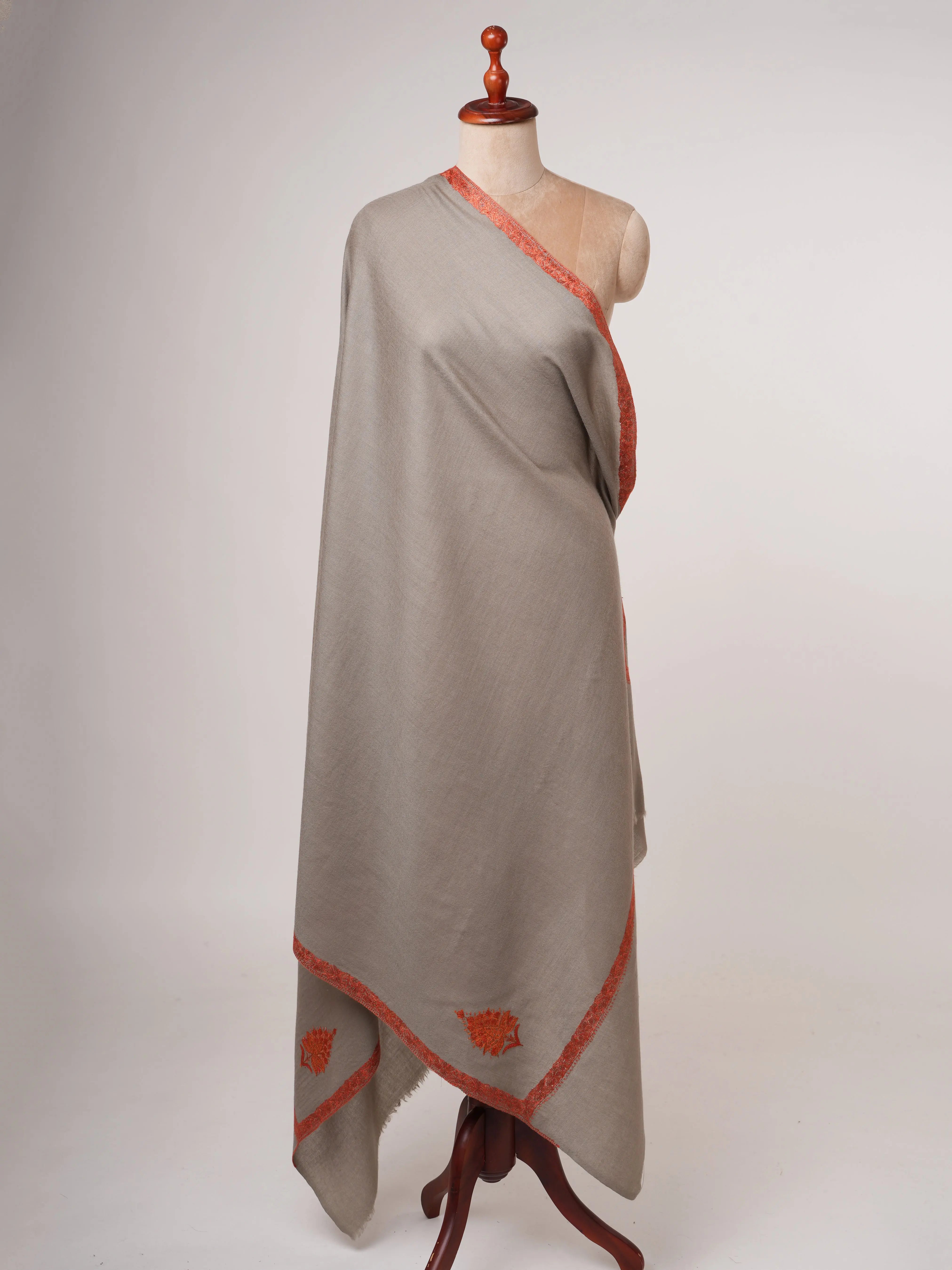 Grey Hashia Hand Embroidered Fine Wool Shawl Shahkaar