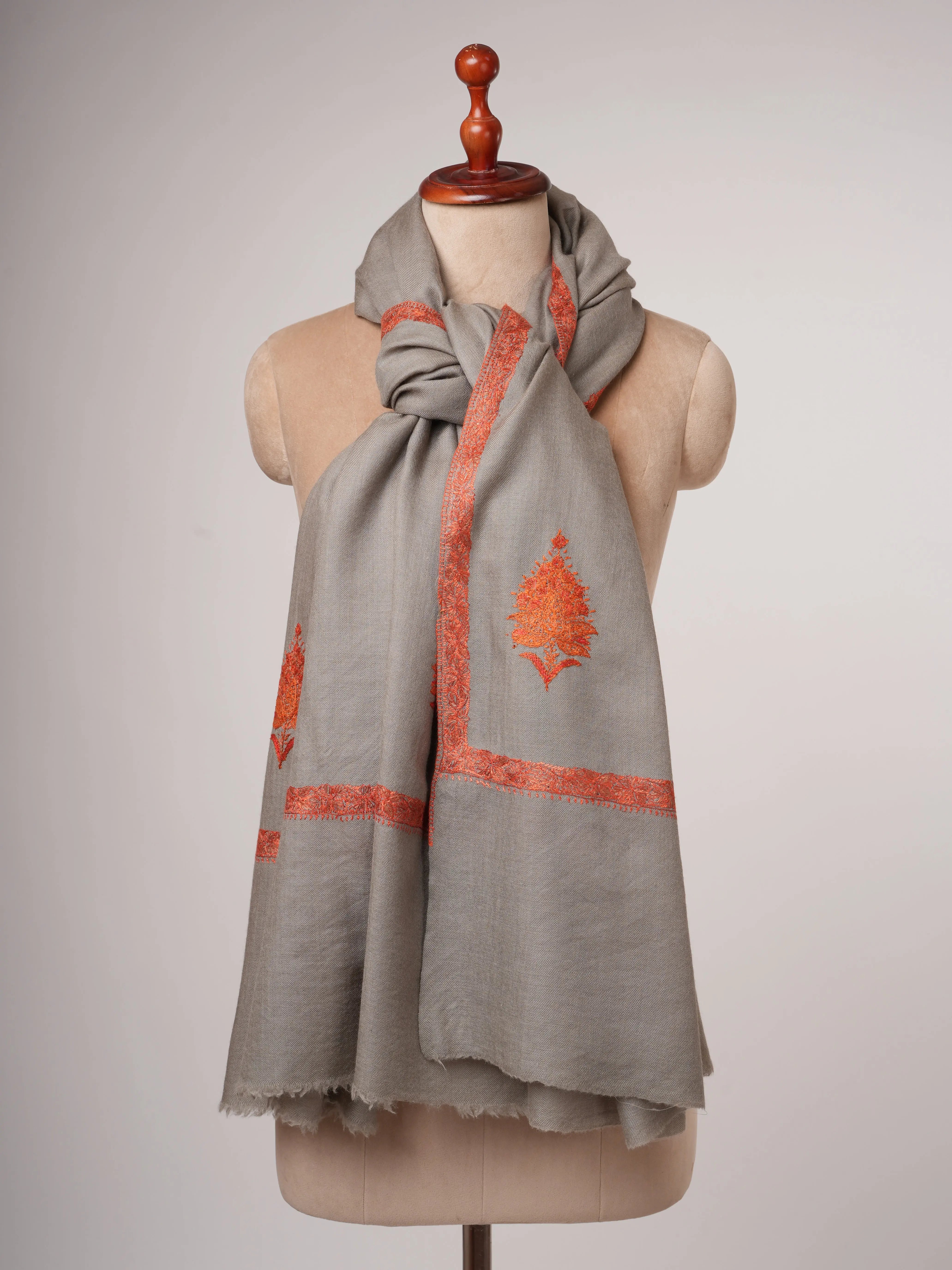 Grey Hashia Hand Embroidered Fine Wool Shawl Shahkaar
