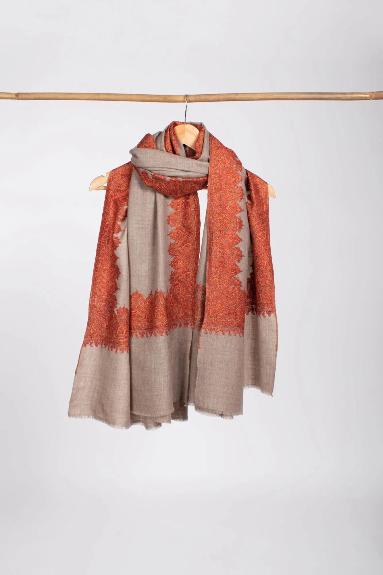 Grey Indian Pashmina Shawl with Orange Embroidery Shahkaar