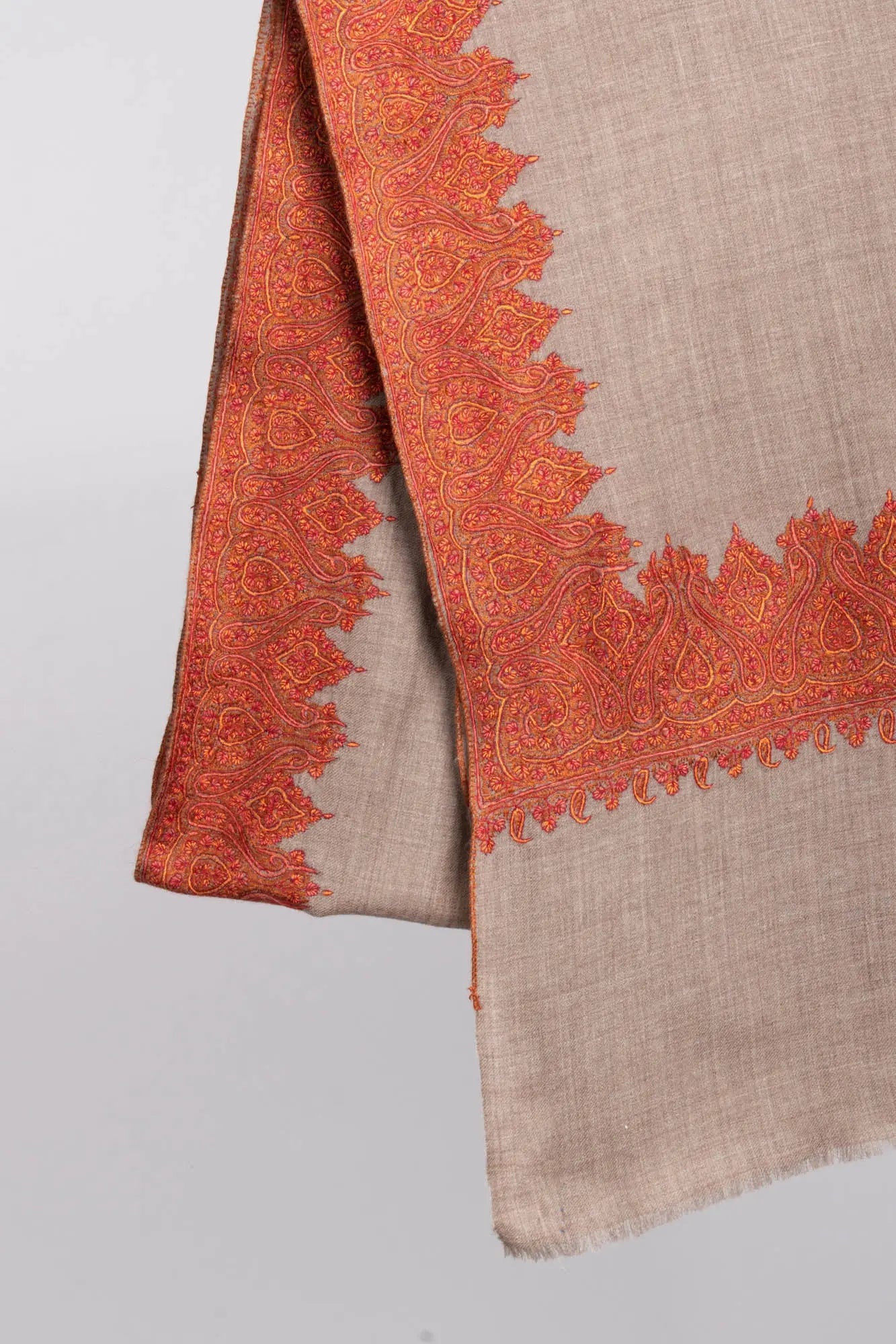Grey Indian Pashmina Shawl with Orange Embroidery Shahkaar