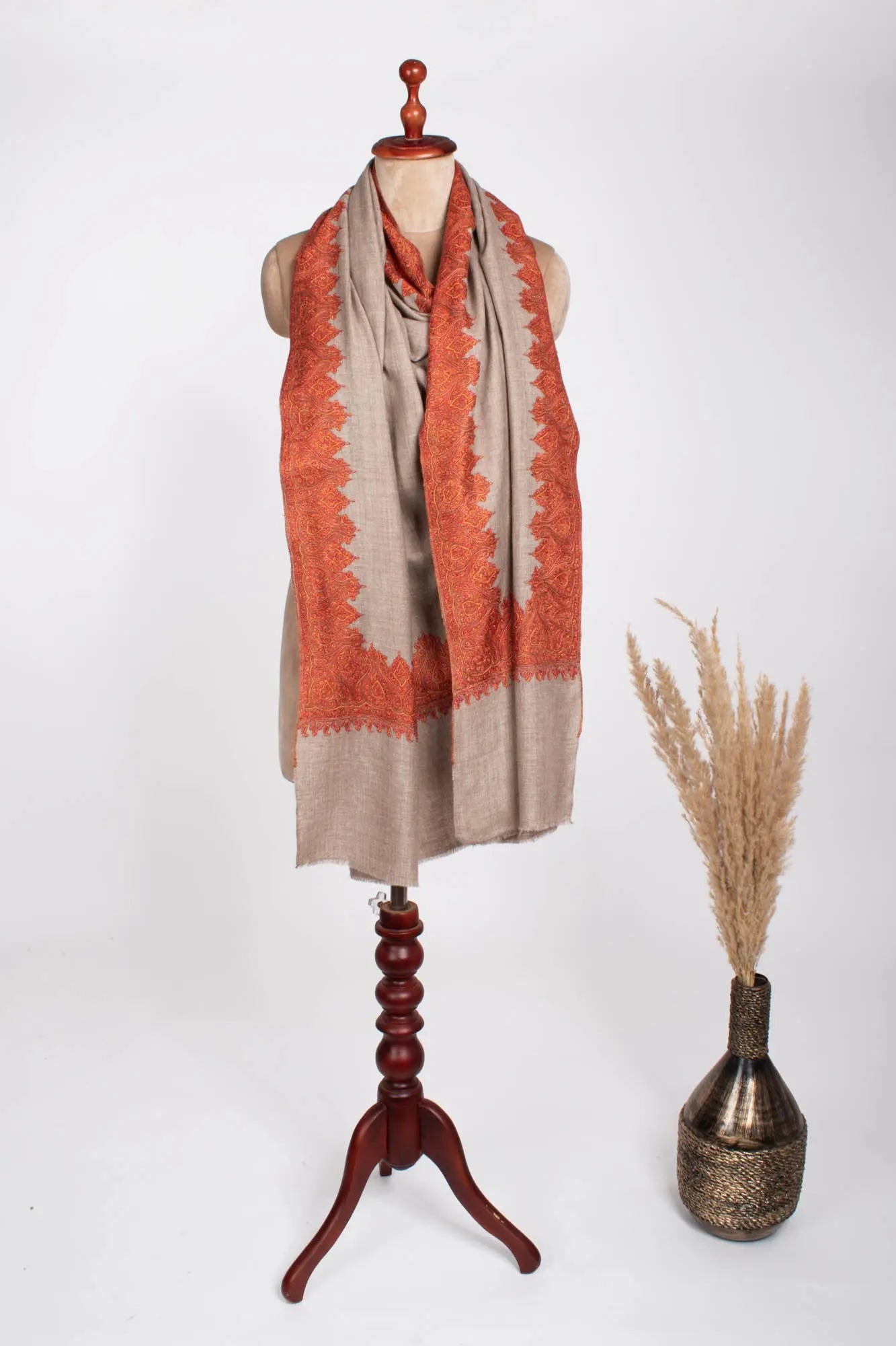 Grey Indian Pashmina Shawl with Orange Embroidery Shahkaar