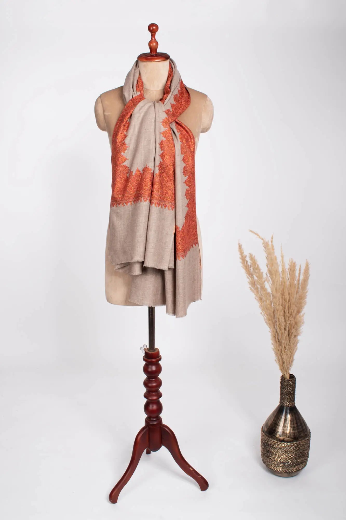 Grey Indian Pashmina Shawl with Orange Embroidery Shahkaar