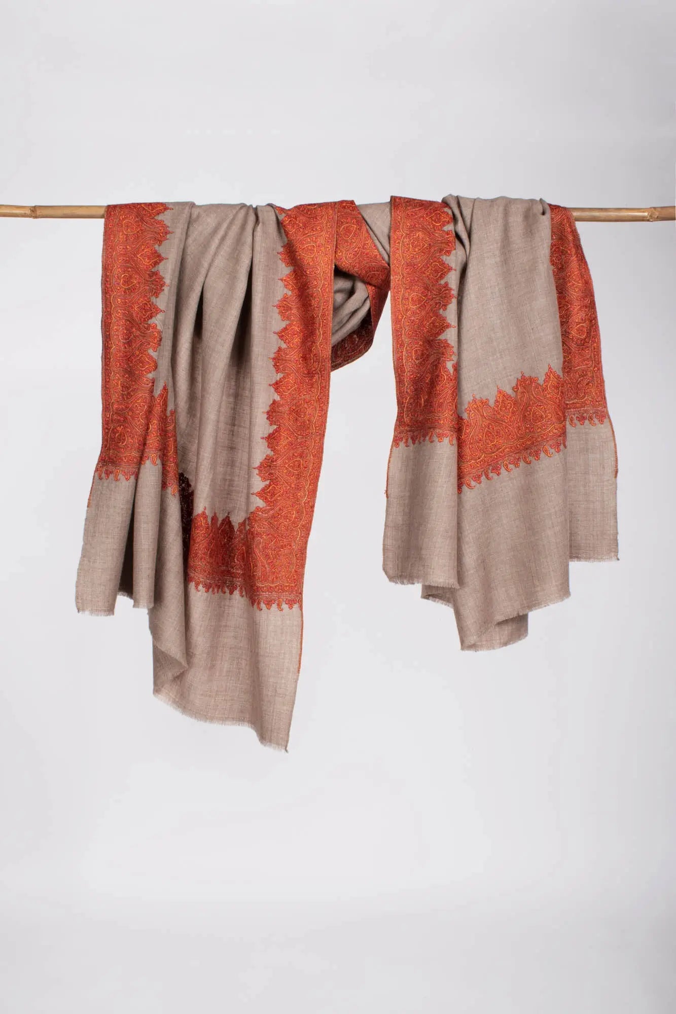 Grey Indian Pashmina Shawl with Orange Embroidery Shahkaar