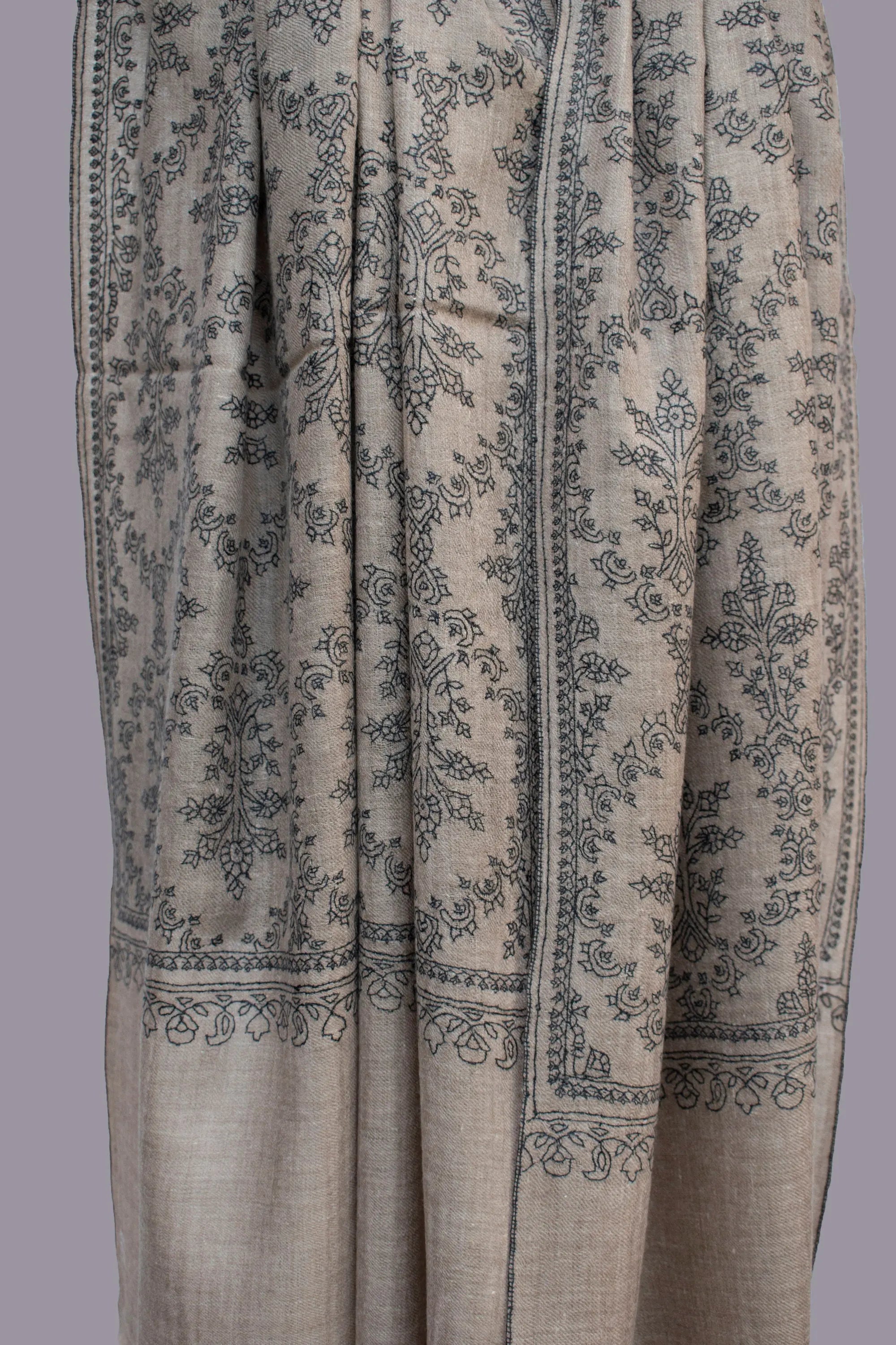 Grey Natural Pure Pashmina Scarf Cashmere Wrap Jali, Handwoven, Hand Embroidered Shahkaar