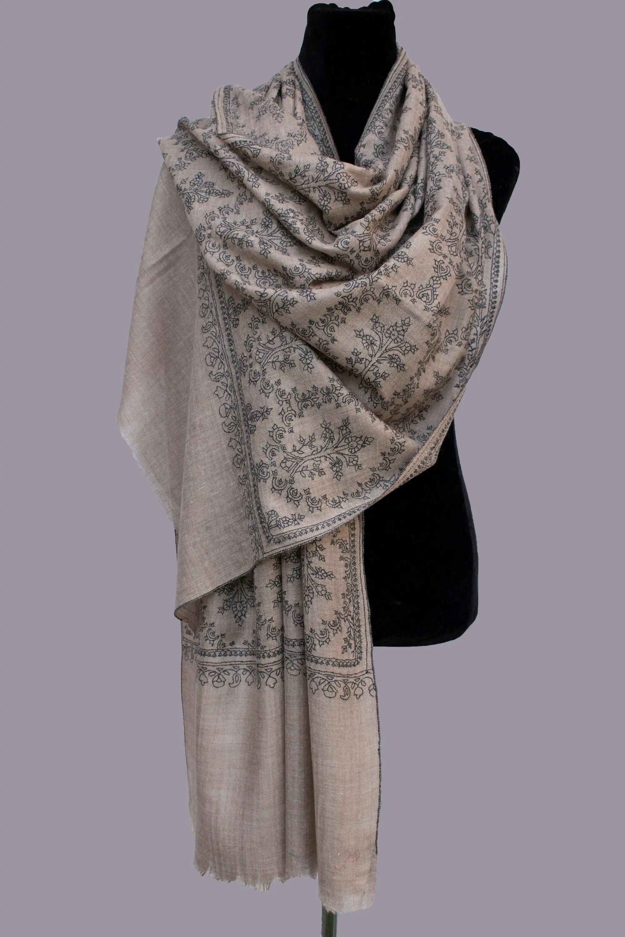 Grey Natural Pure Pashmina Scarf Cashmere Wrap Jali, Handwoven, Hand Embroidered Shahkaar