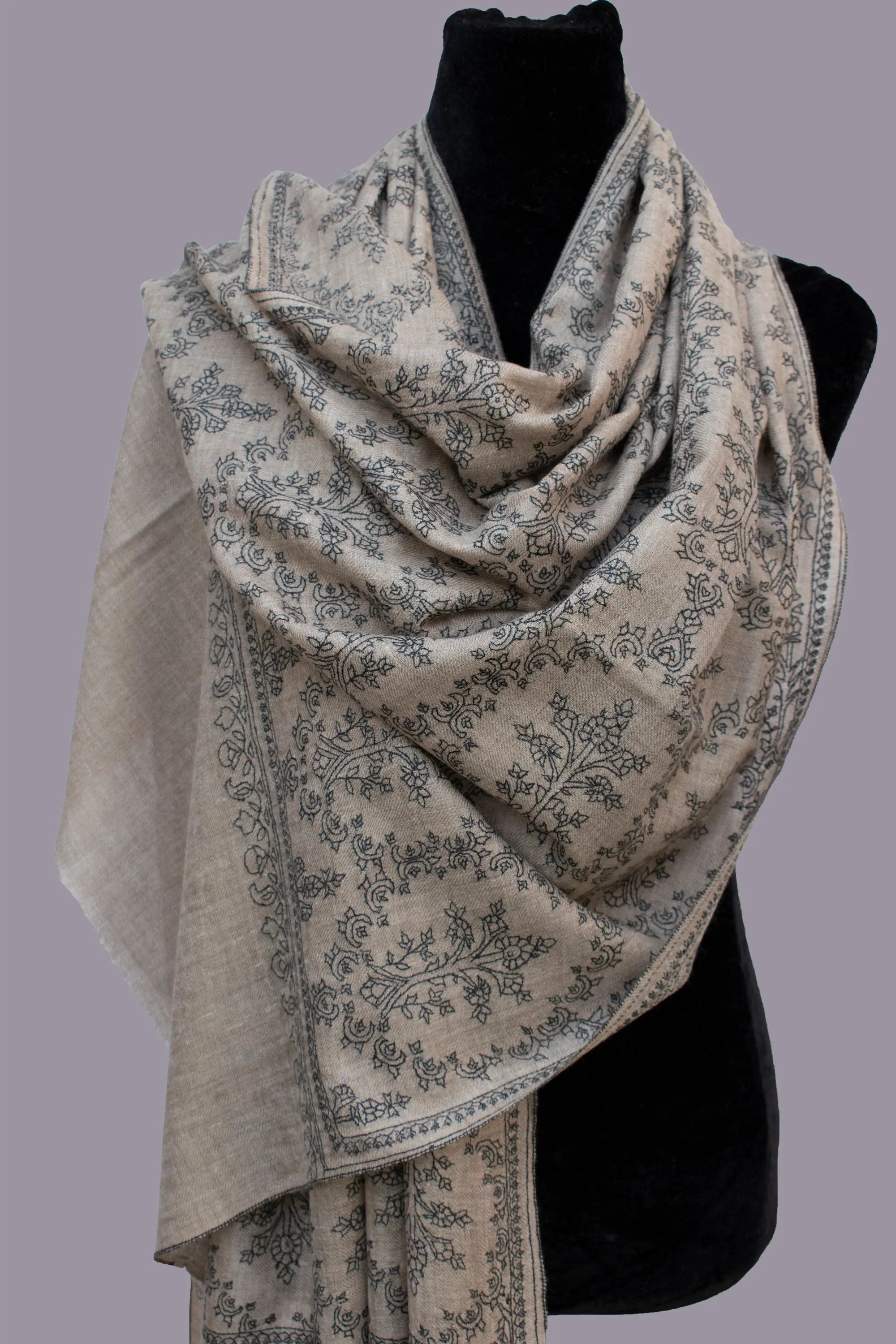 Grey Natural Pure Pashmina Scarf Cashmere Wrap Jali, Handwoven, Hand Embroidered Shahkaar