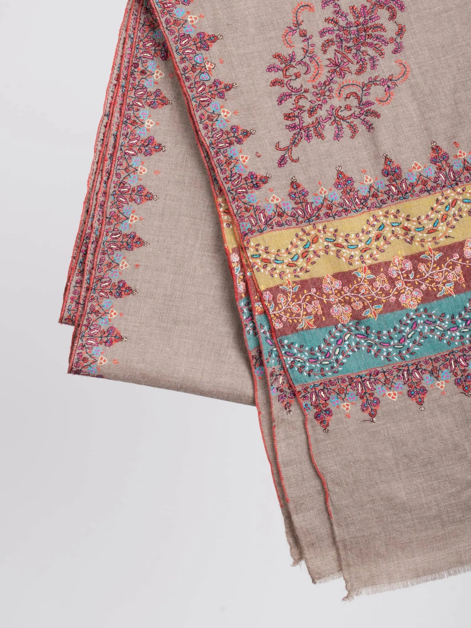 Grey Palladar Embroidered Indian Pashmina Shawl - OCEANSIDE Shahkaar