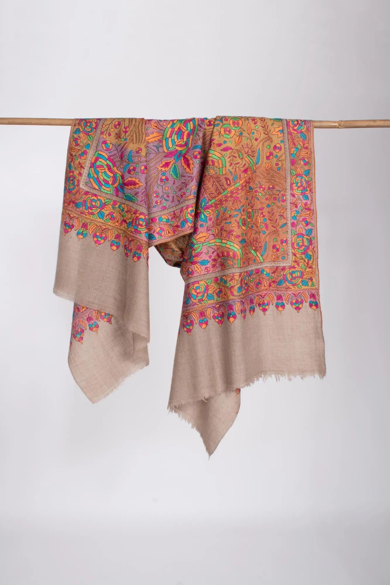Grey Papermachie Floral Motif Cashmere Scarf - AMPTHILL Shahkaar