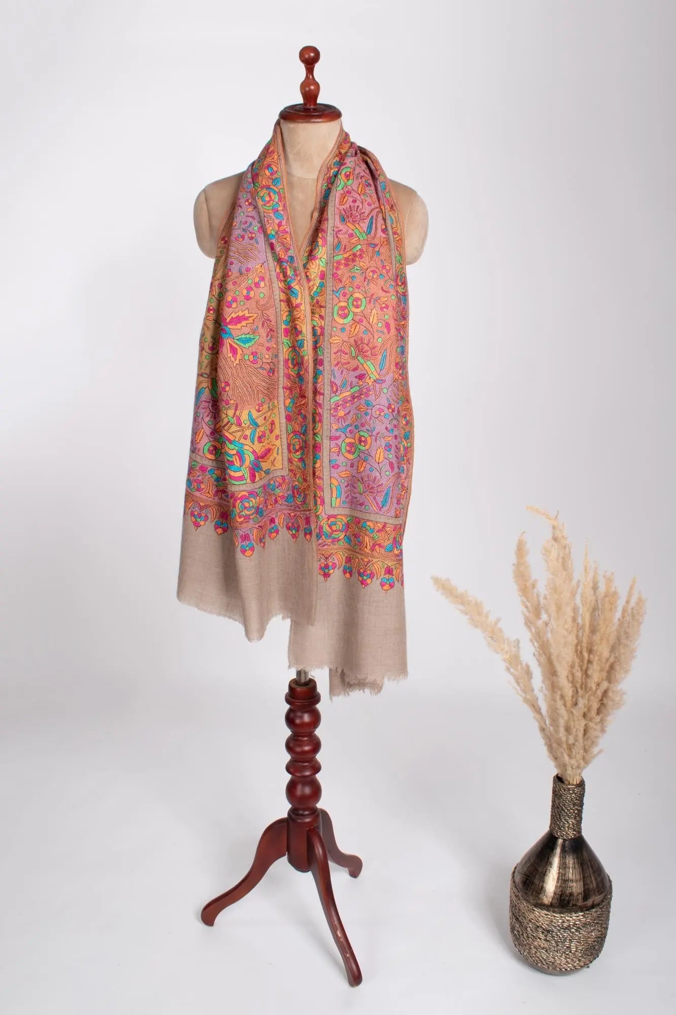 Grey Papermachie Floral Motif Cashmere Scarf - AMPTHILL Shahkaar