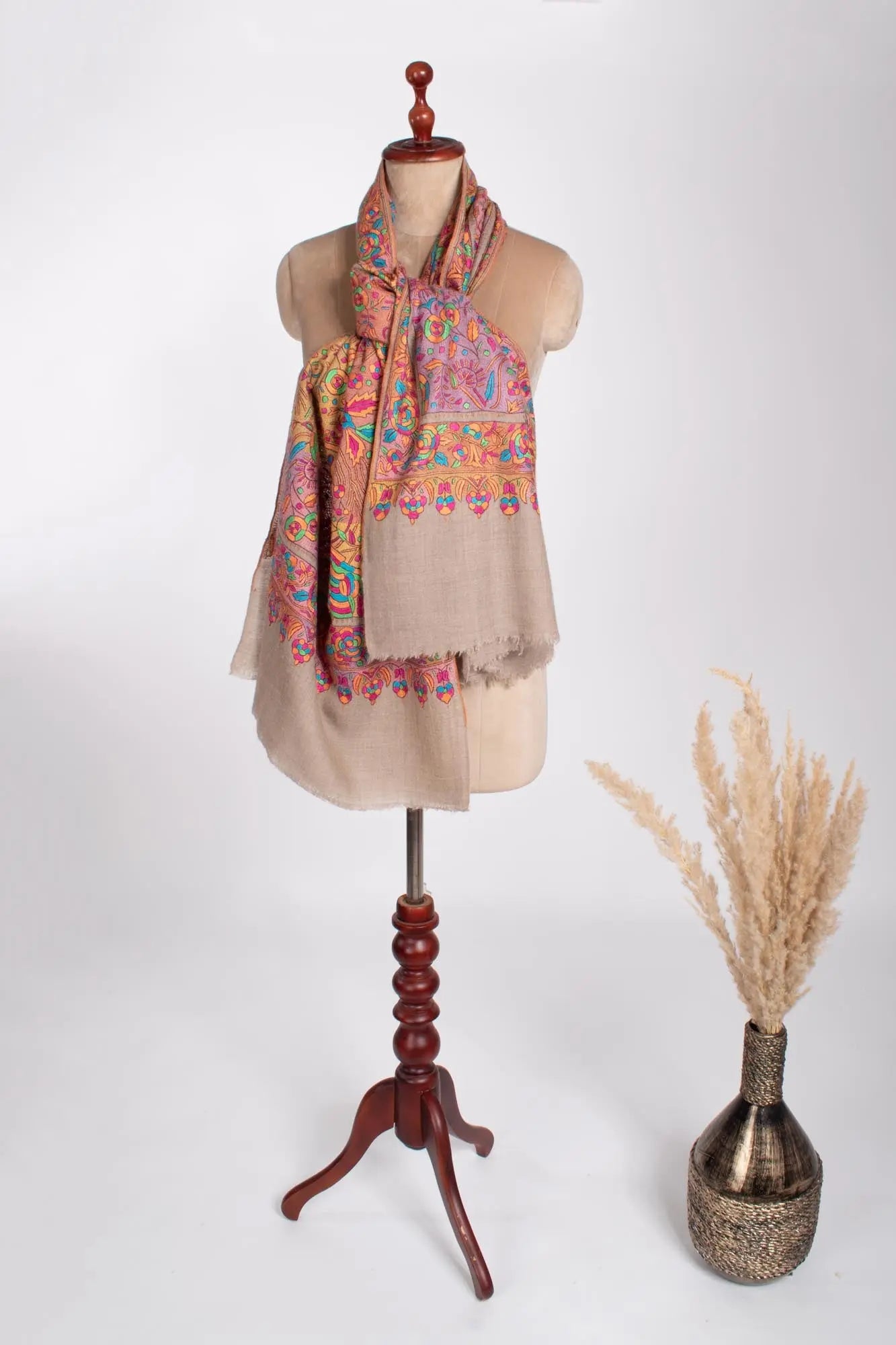 Grey Papermachie Floral Motif Cashmere Scarf - AMPTHILL Shahkaar