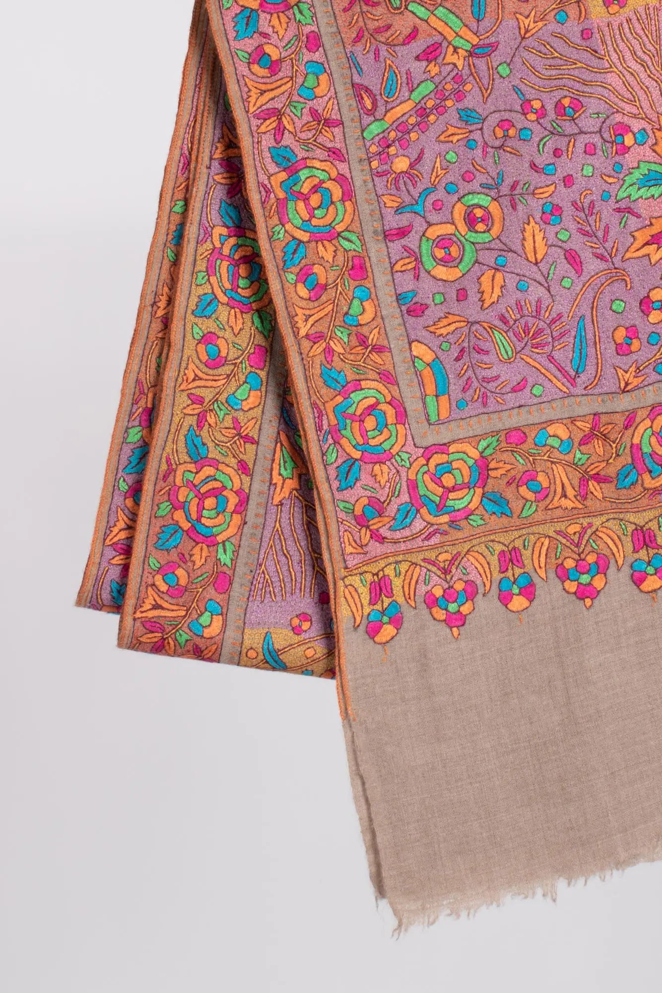 Grey Papermachie Floral Motif Cashmere Scarf - AMPTHILL Shahkaar