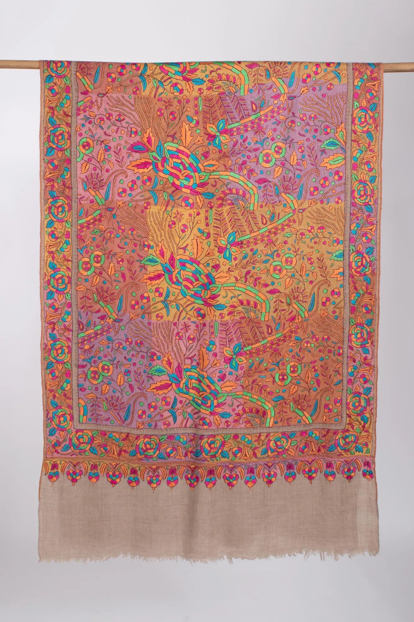 Grey Papermachie Floral Motif Cashmere Scarf - AMPTHILL Shahkaar