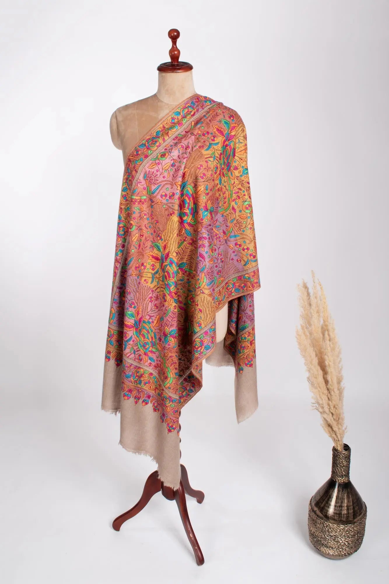 Grey Papermachie Floral Motif Cashmere Scarf - AMPTHILL Shahkaar