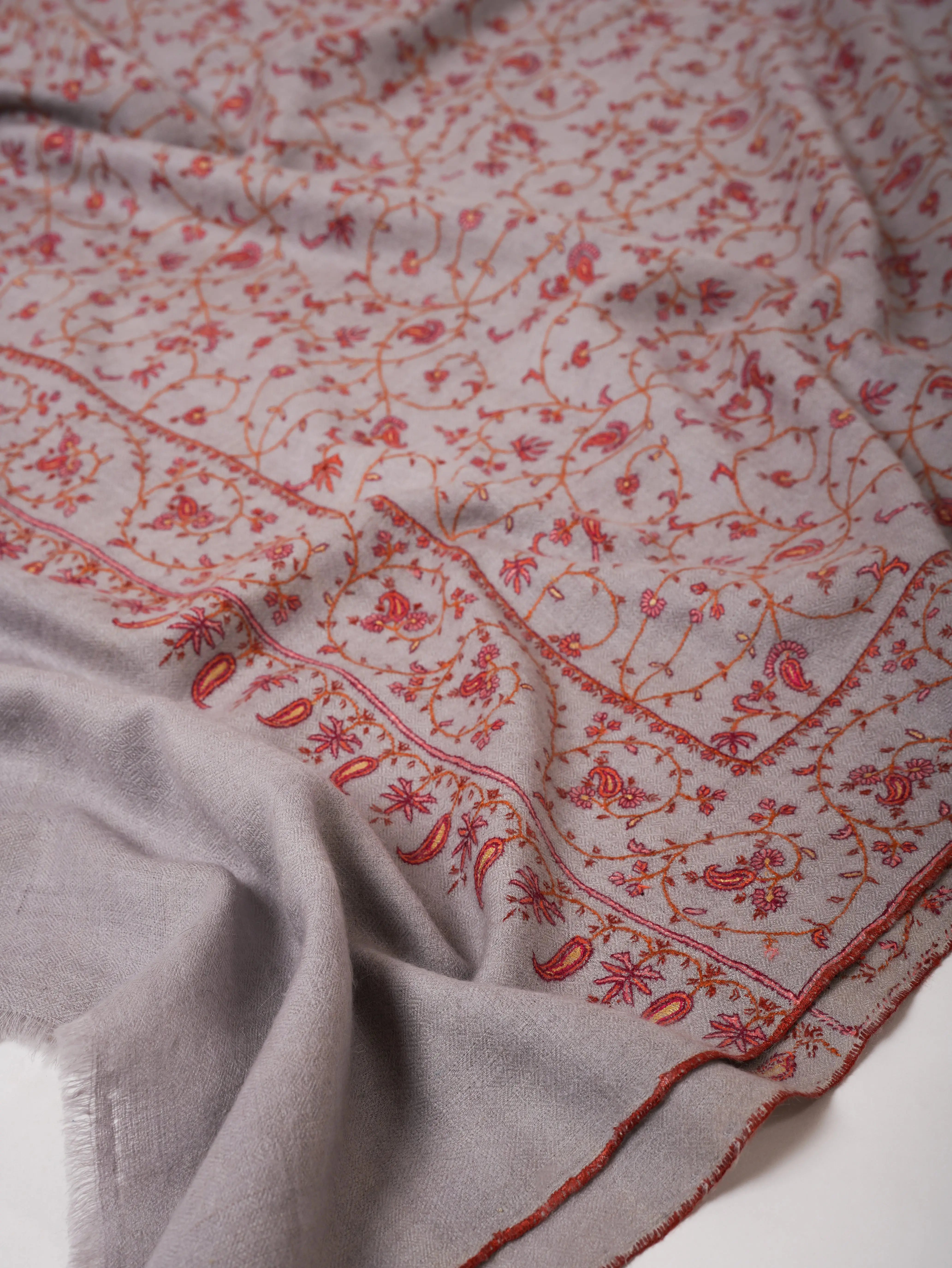Grey Pashmina Shawl with Fine Traditional Hand Embroidery Shahkaar