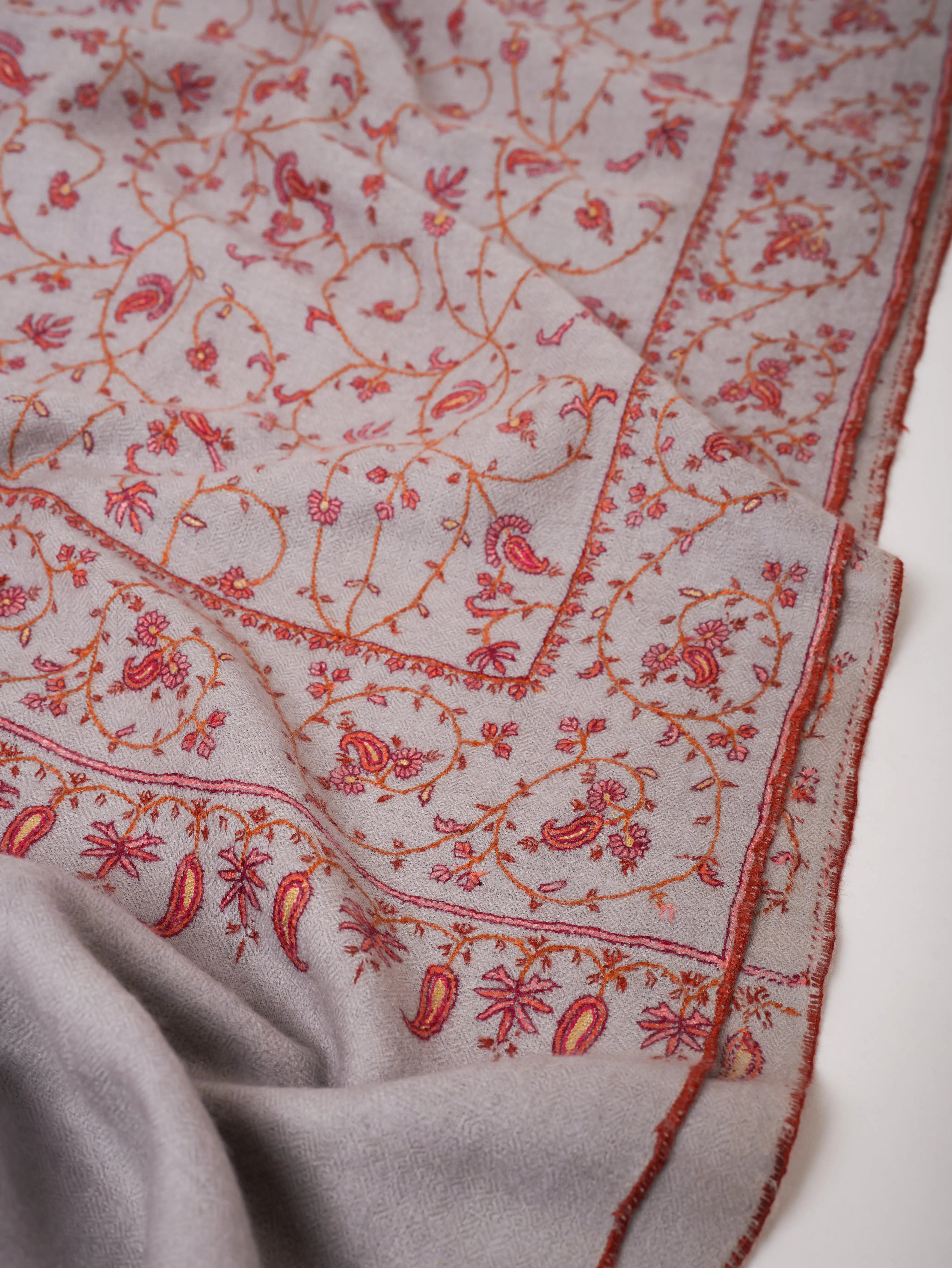 Grey Pashmina Shawl with Fine Traditional Hand Embroidery Shahkaar