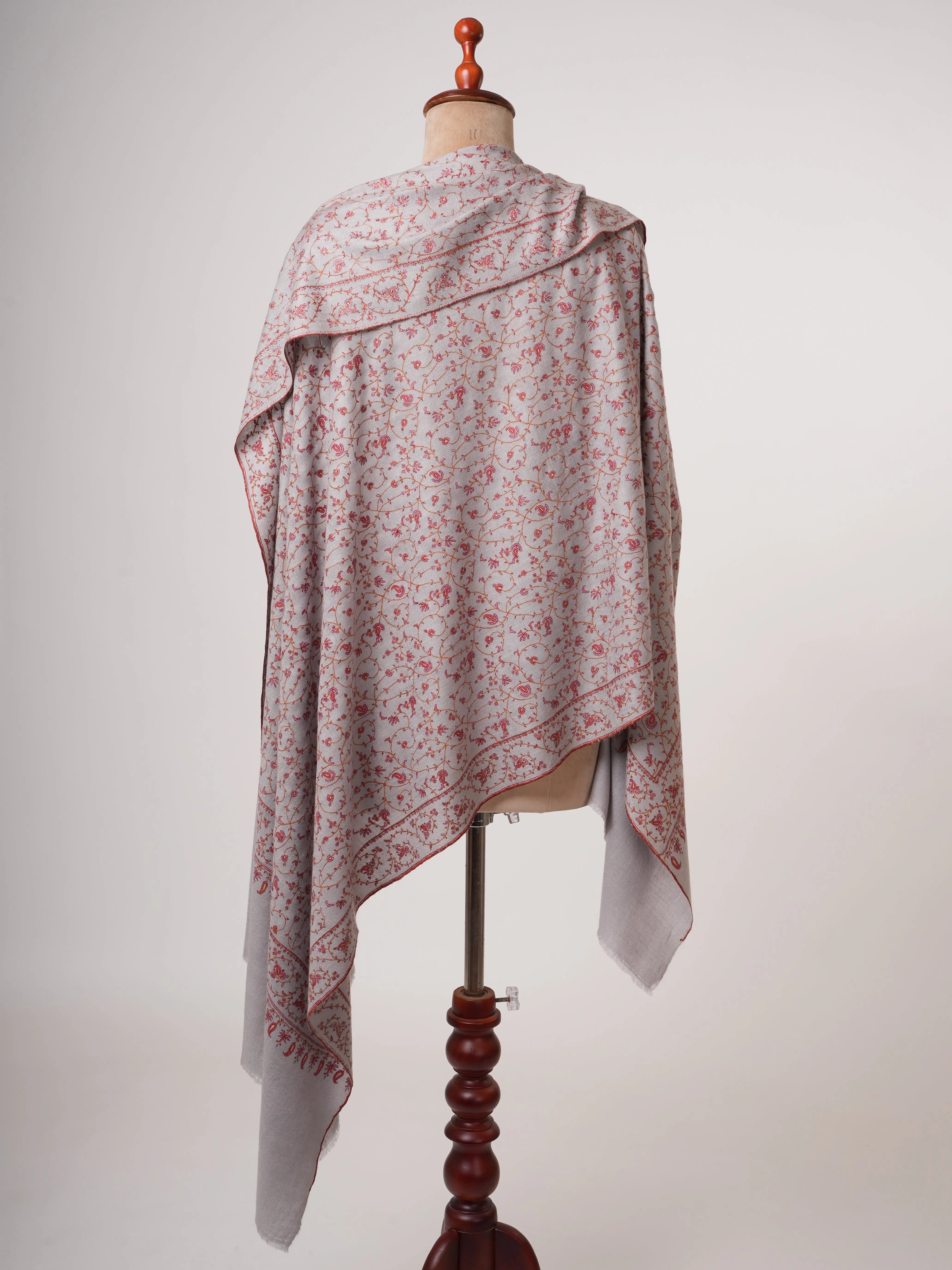 Grey Pashmina Shawl with Fine Traditional Hand Embroidery Shahkaar