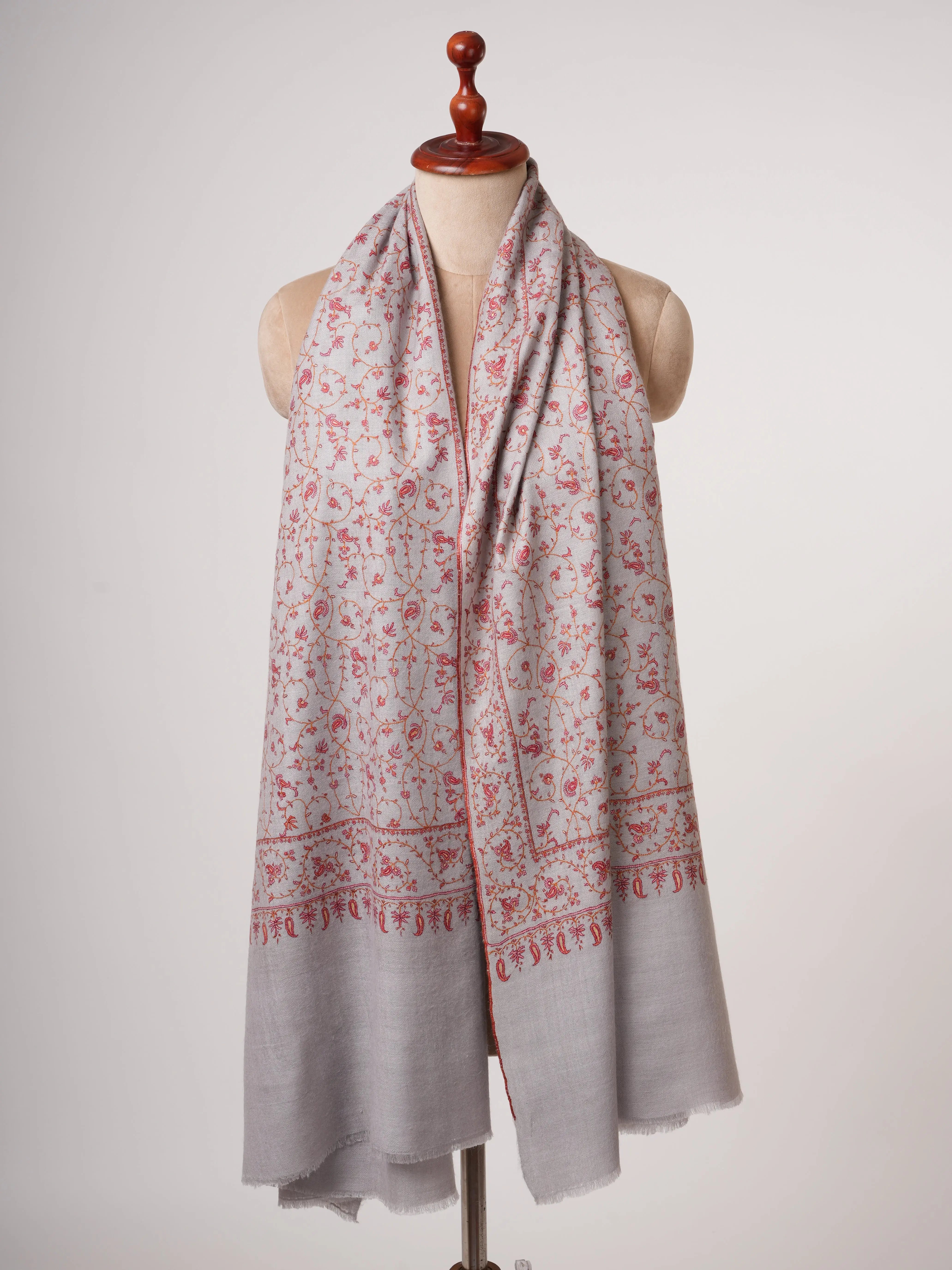 Grey Pashmina Shawl with Fine Traditional Hand Embroidery Shahkaar