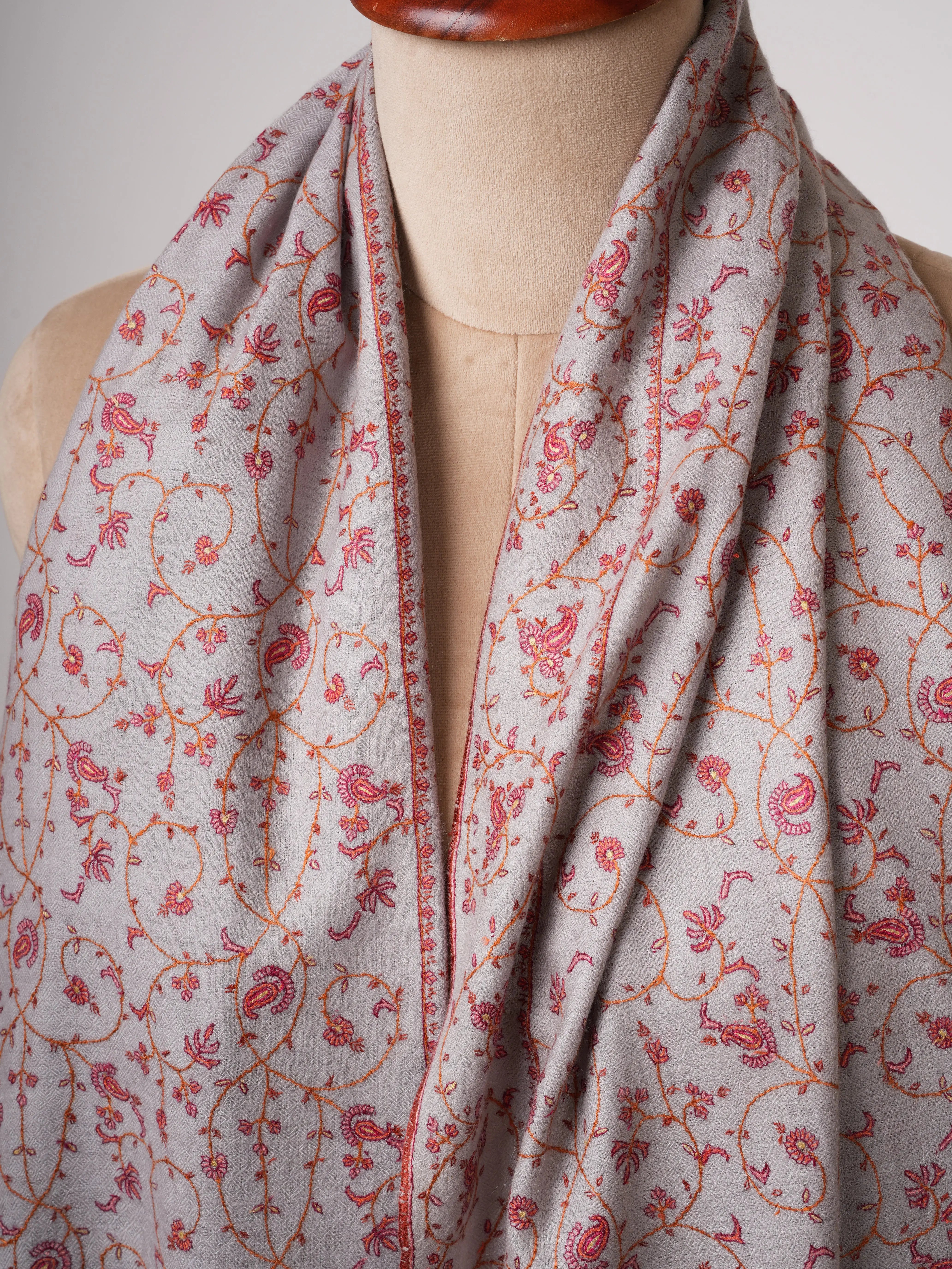 Grey Pashmina Shawl with Fine Traditional Hand Embroidery Shahkaar