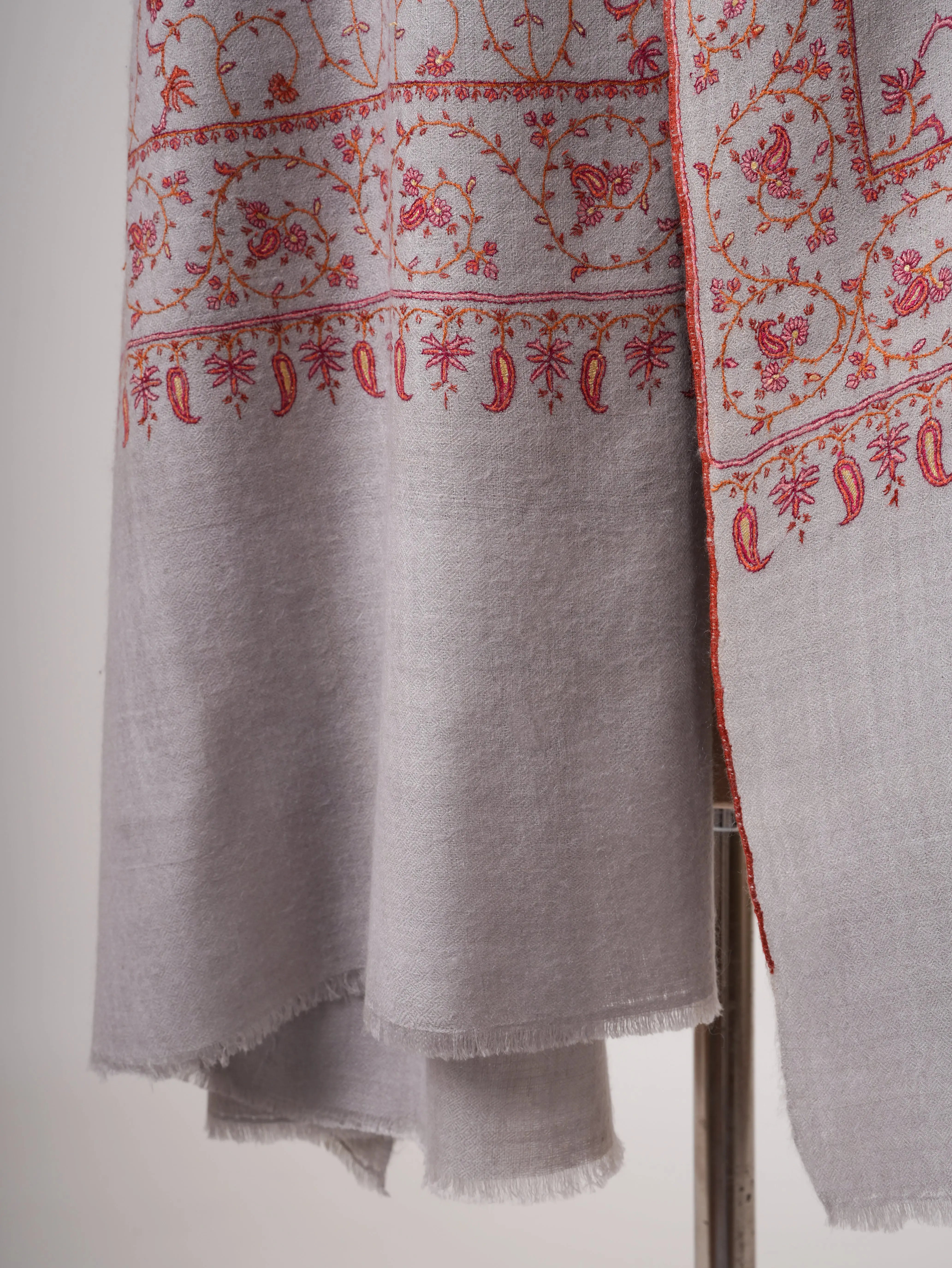 Grey Pashmina Shawl with Fine Traditional Hand Embroidery Shahkaar
