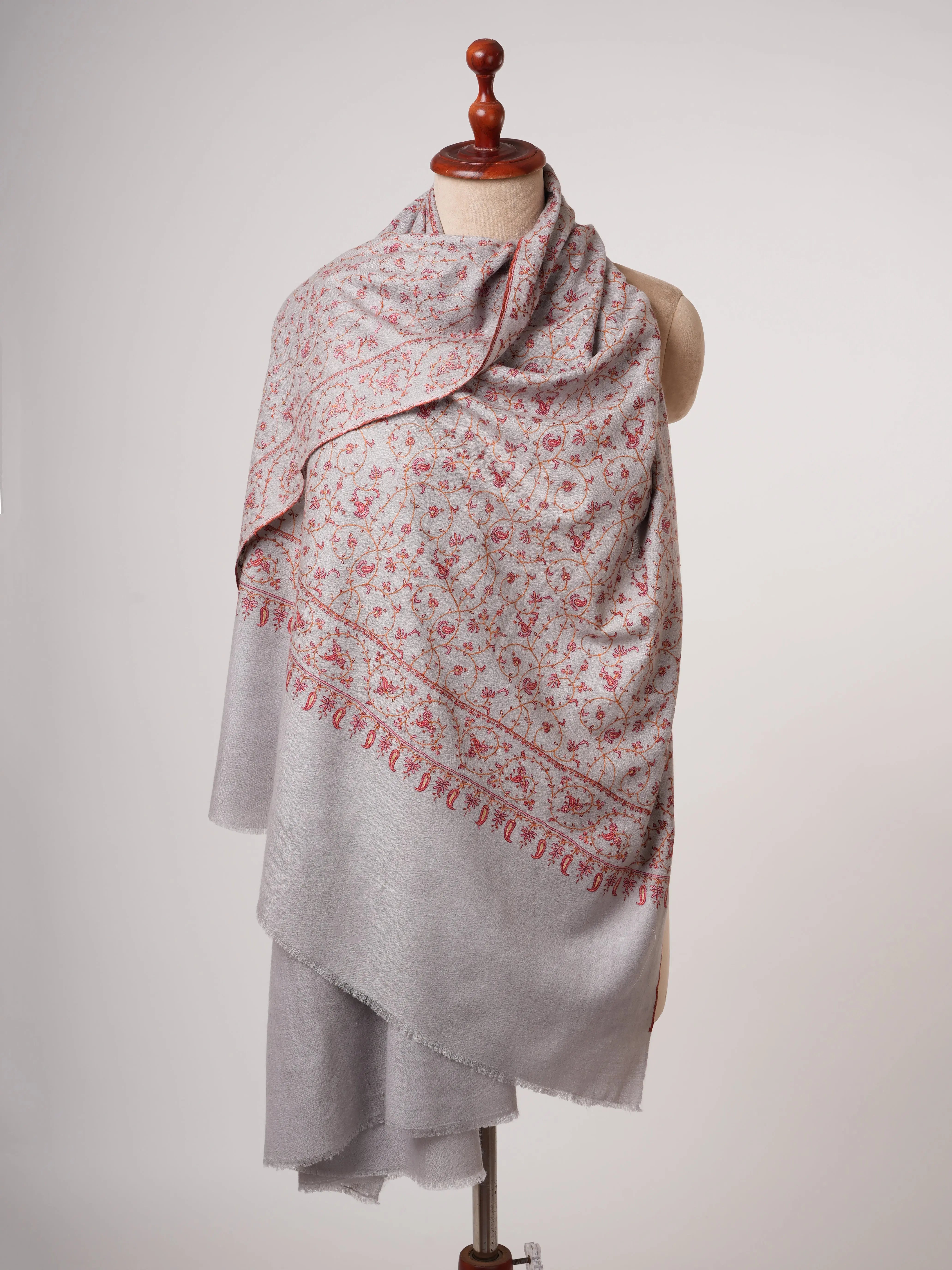 Grey Pashmina Shawl with Fine Traditional Hand Embroidery Shahkaar