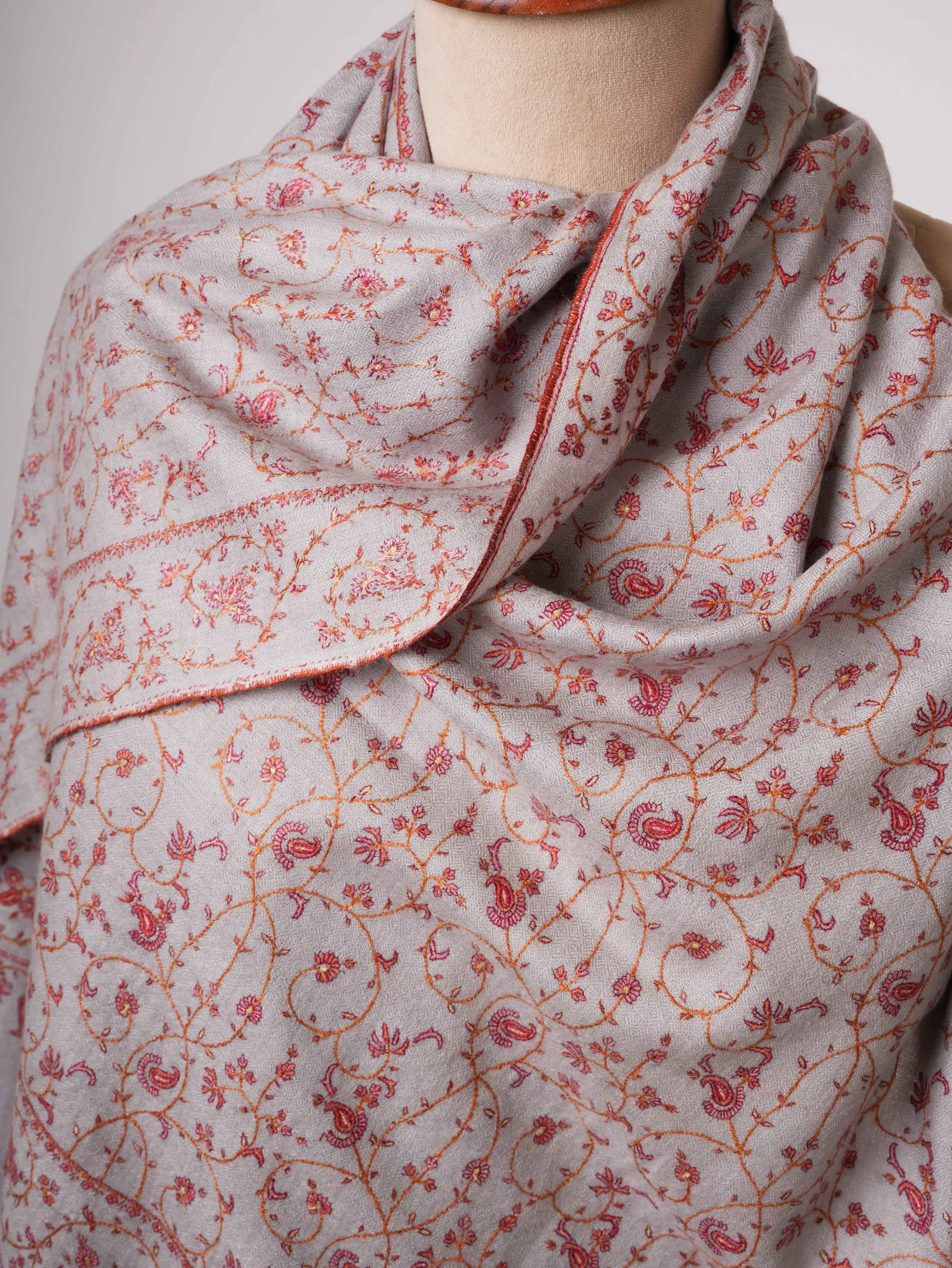 Grey Pashmina Shawl with Fine Traditional Hand Embroidery Shahkaar