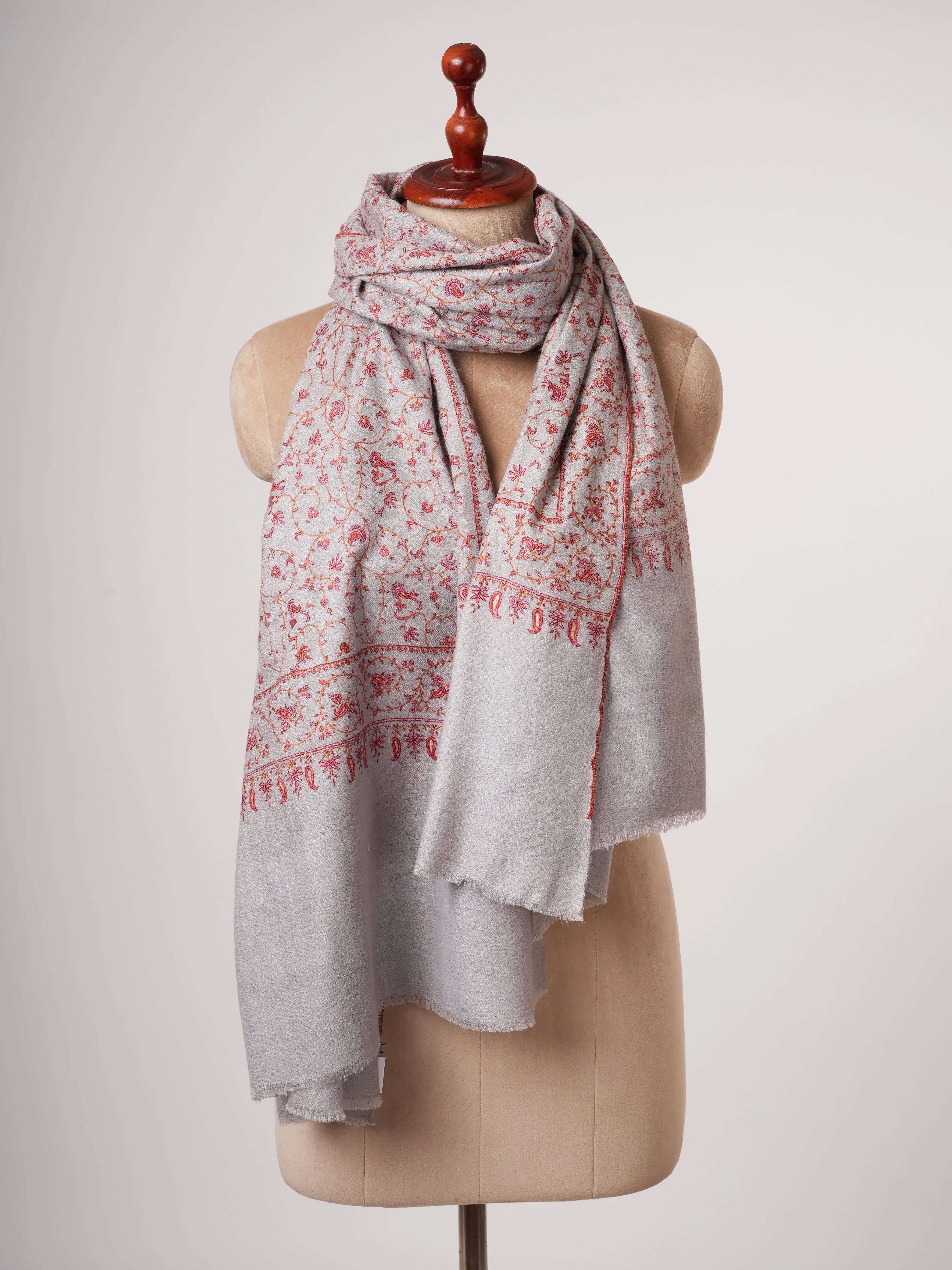 Grey Pashmina Shawl with Fine Traditional Hand Embroidery Shahkaar