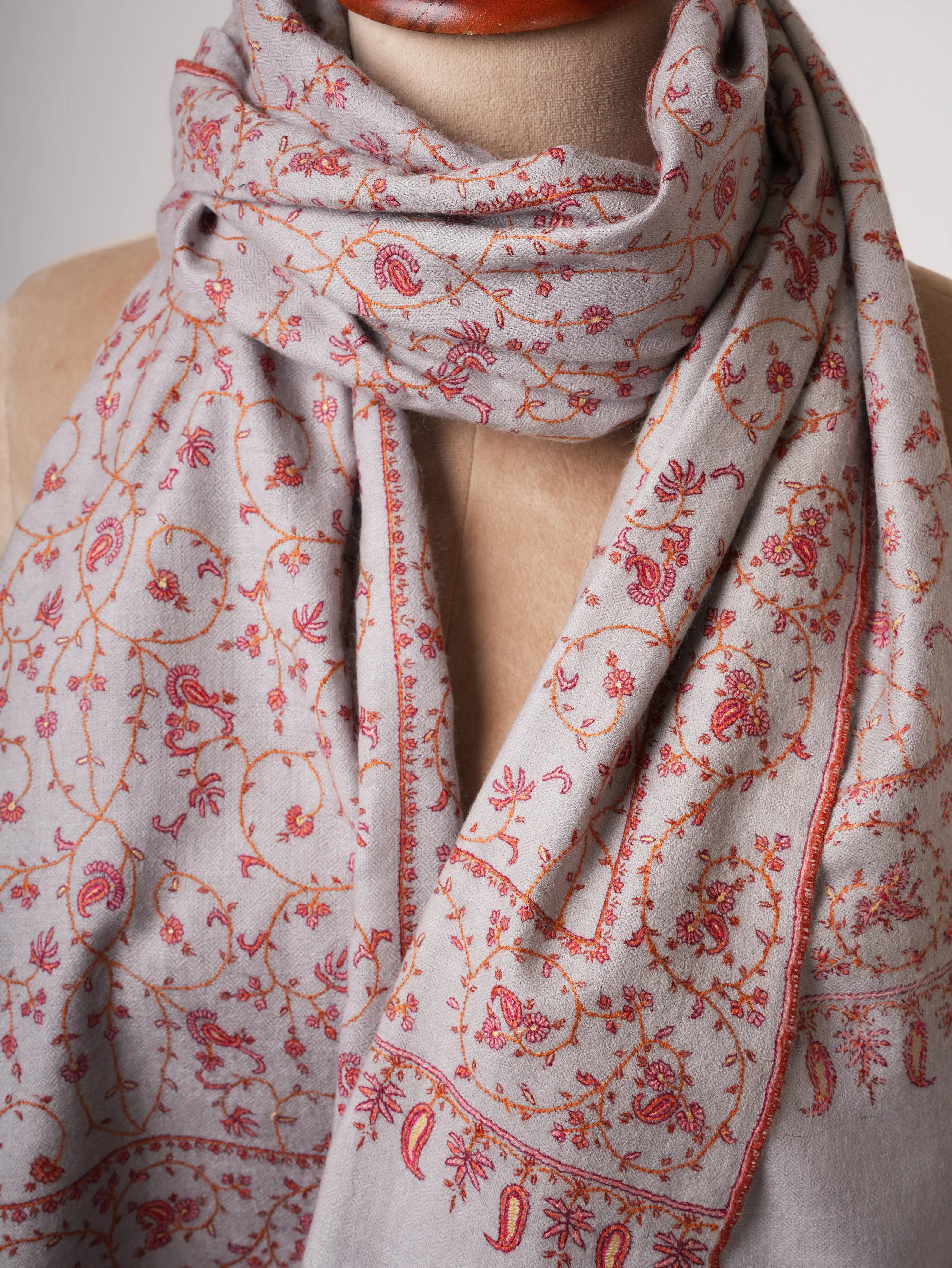 Grey Pashmina Shawl with Fine Traditional Hand Embroidery Shahkaar