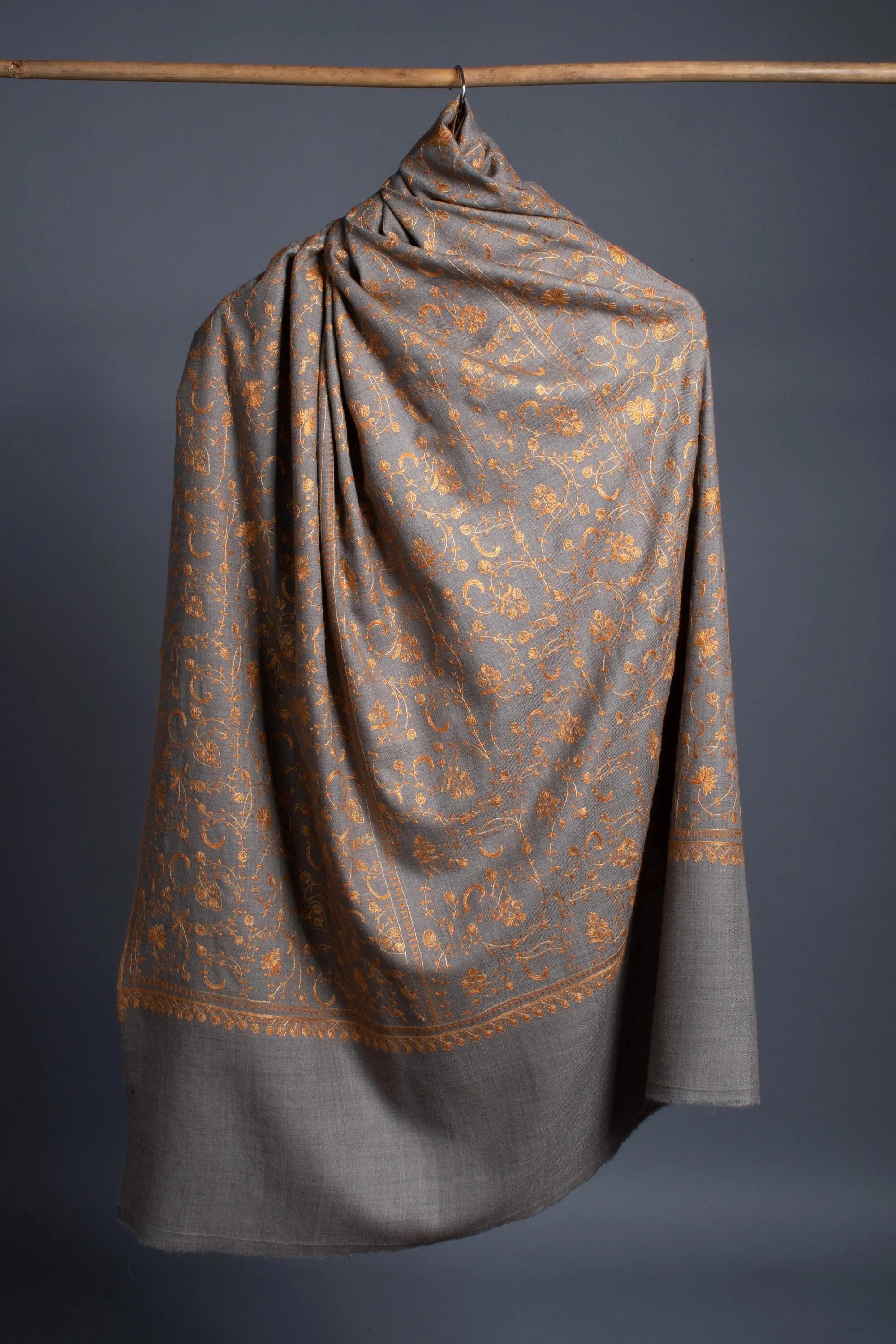 Grey Scarves, Woollen Shawls, Kashmiri Embroidery, Hand Embroidery, Merino Scarves, Warm Scarves, Winter Shawls, 40x80" - REINE Shahkaar