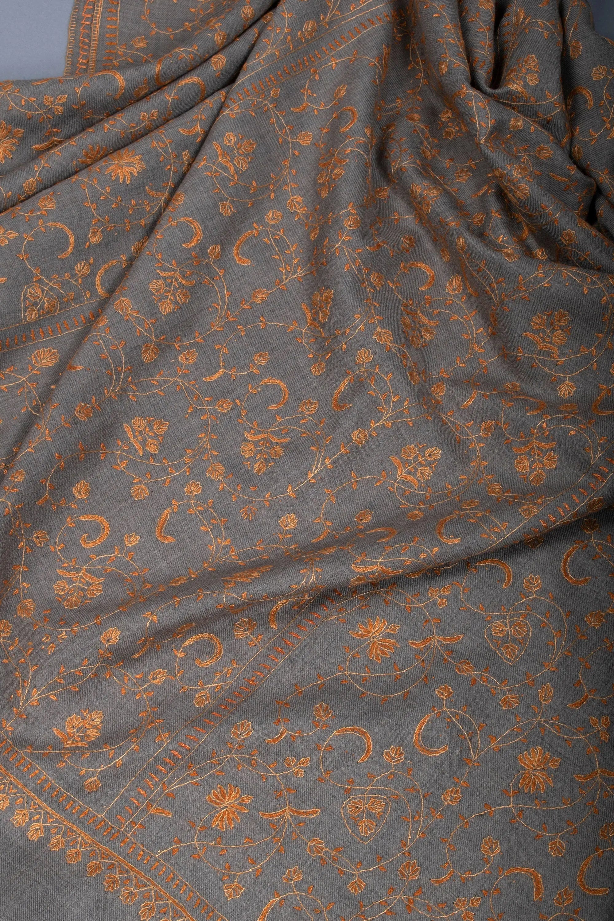 Grey Scarves, Woollen Shawls, Kashmiri Embroidery, Hand Embroidery, Merino Scarves, Warm Scarves, Winter Shawls, 40x80" - REINE Shahkaar