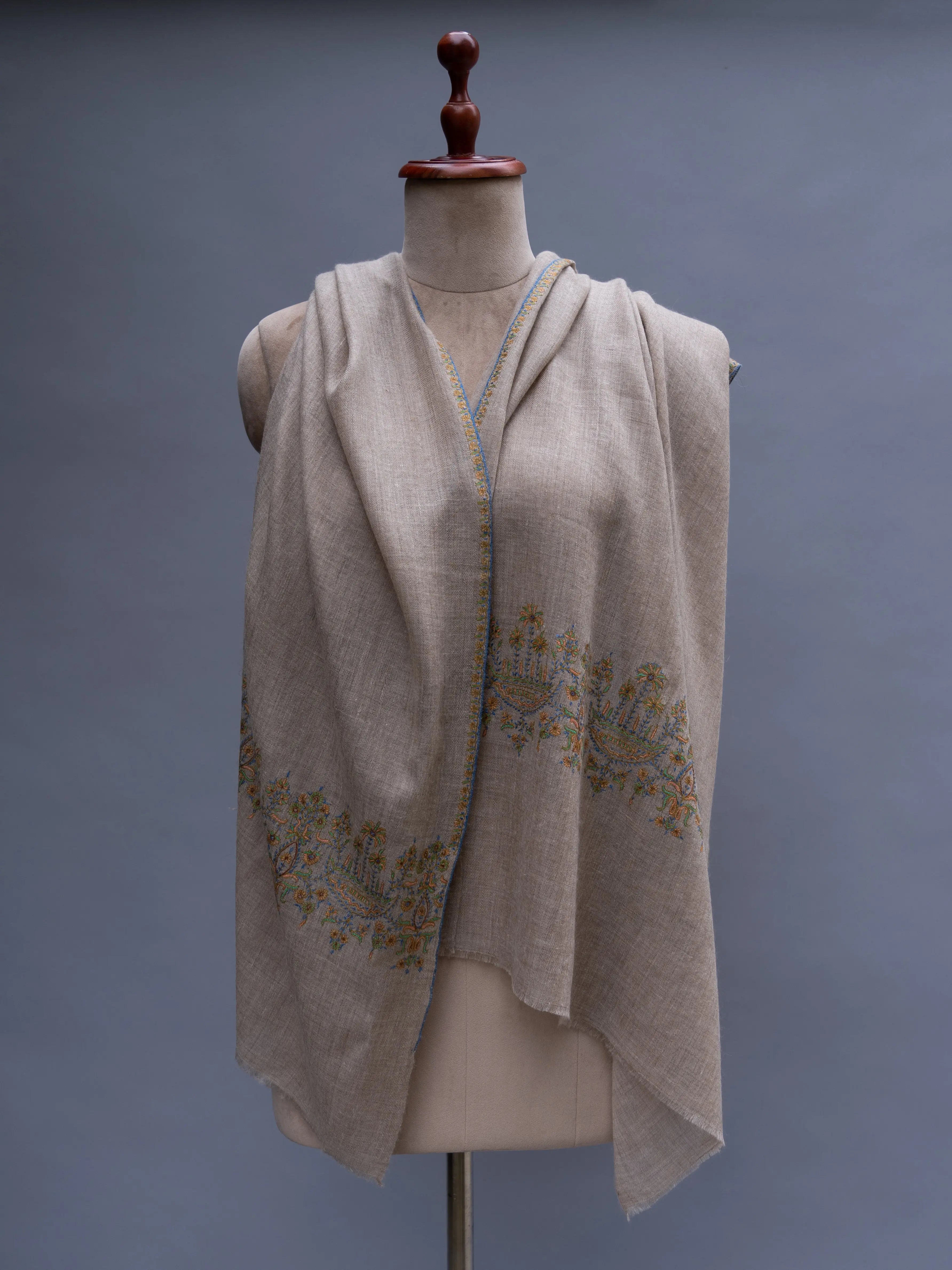 Grey Thin Cashmere Wrap with Sozni Embroidery Shahkaar