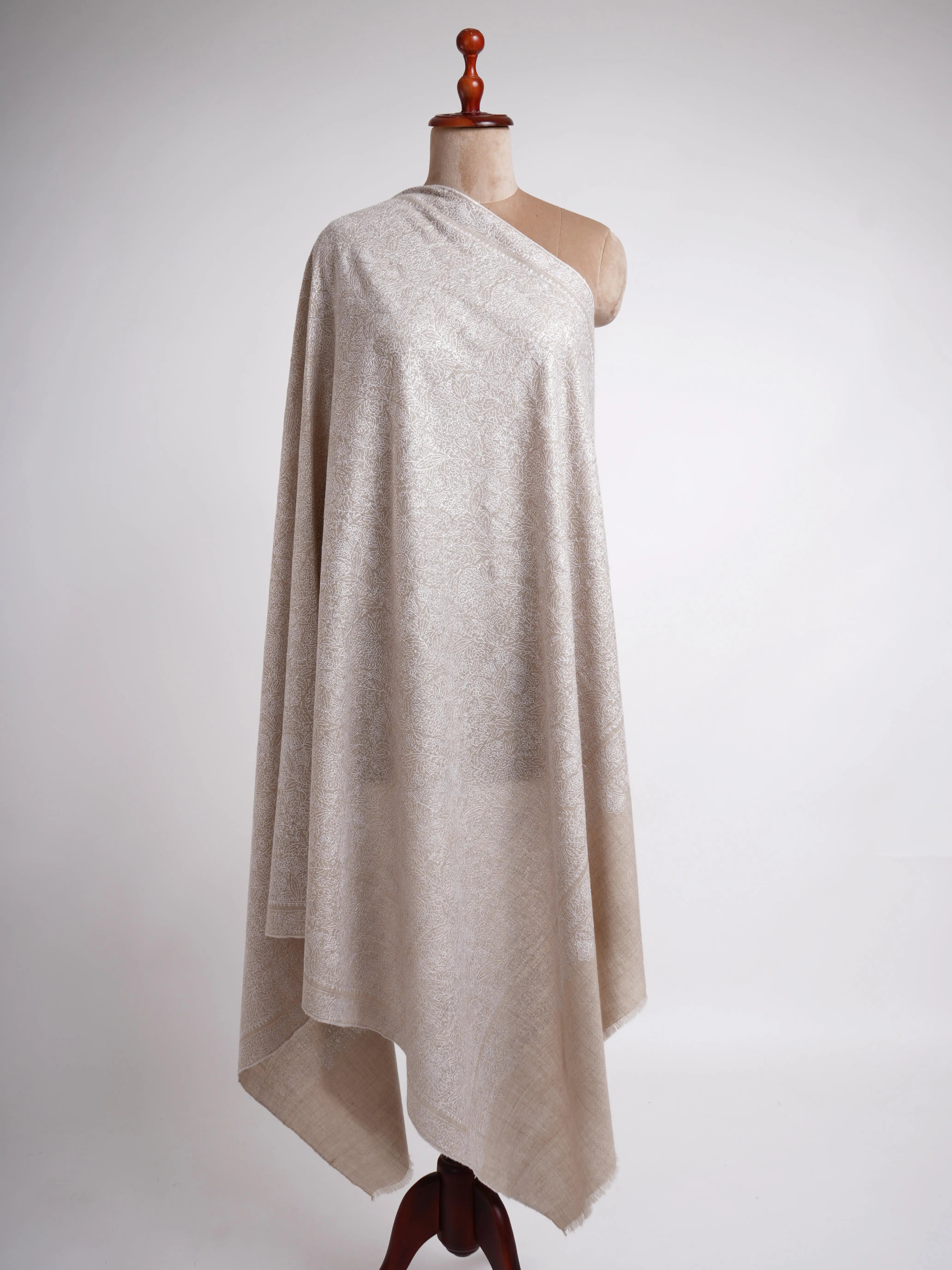 Grey with White Embroidered Pashmina Shawl Shahkaar