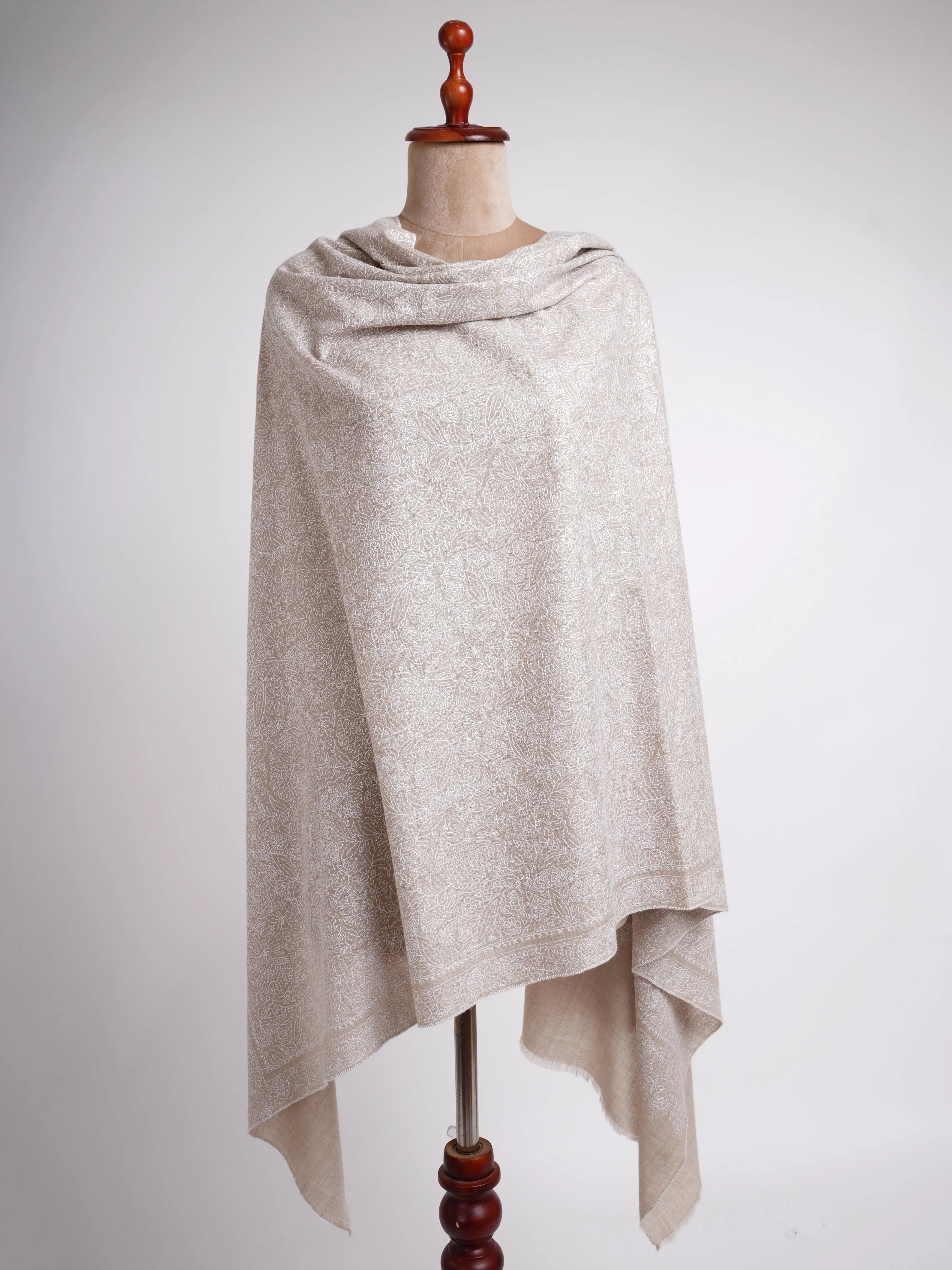 Grey with White Embroidered Pashmina Shawl Shahkaar