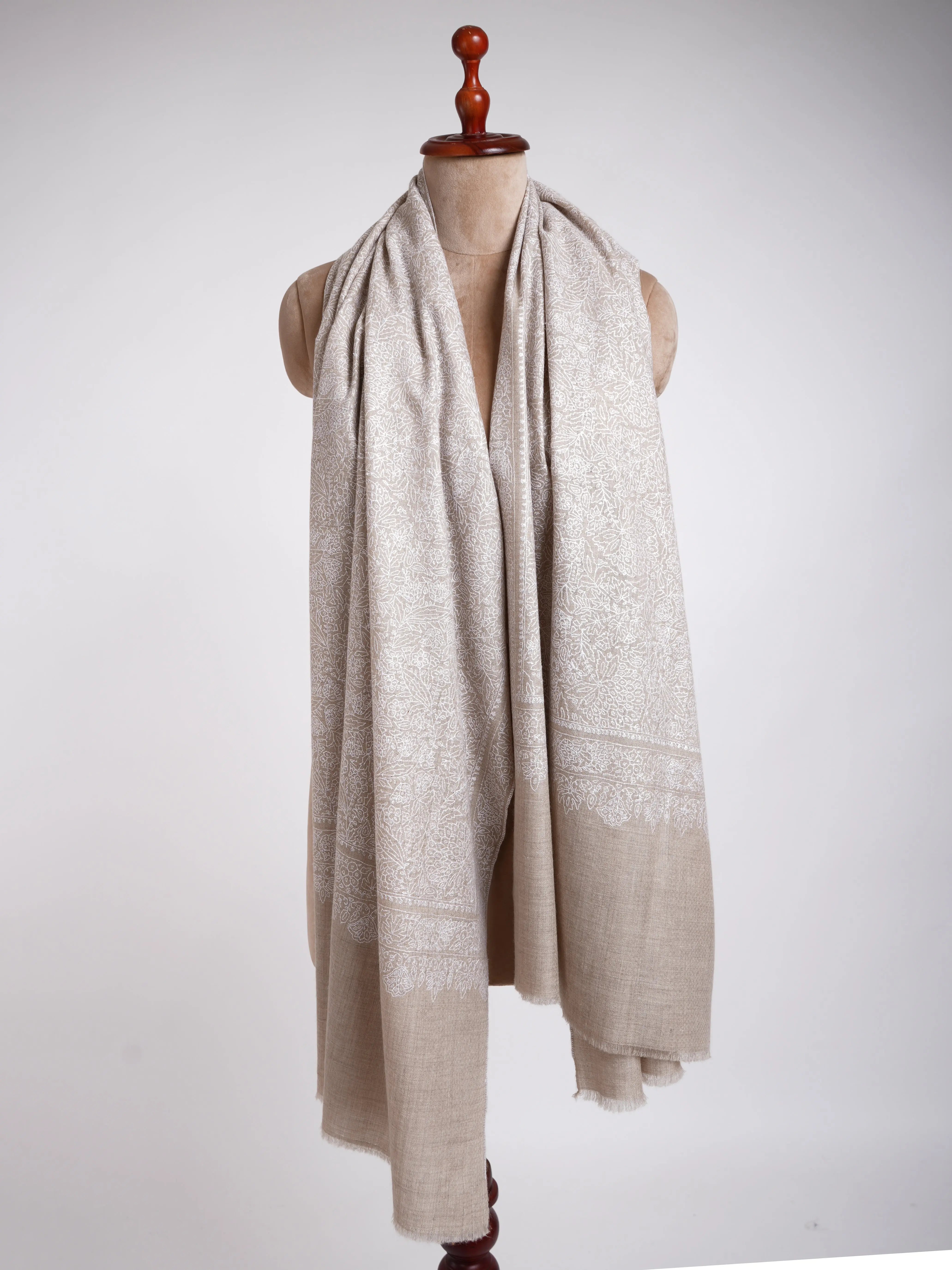 Grey with White Embroidered Pashmina Shawl Shahkaar