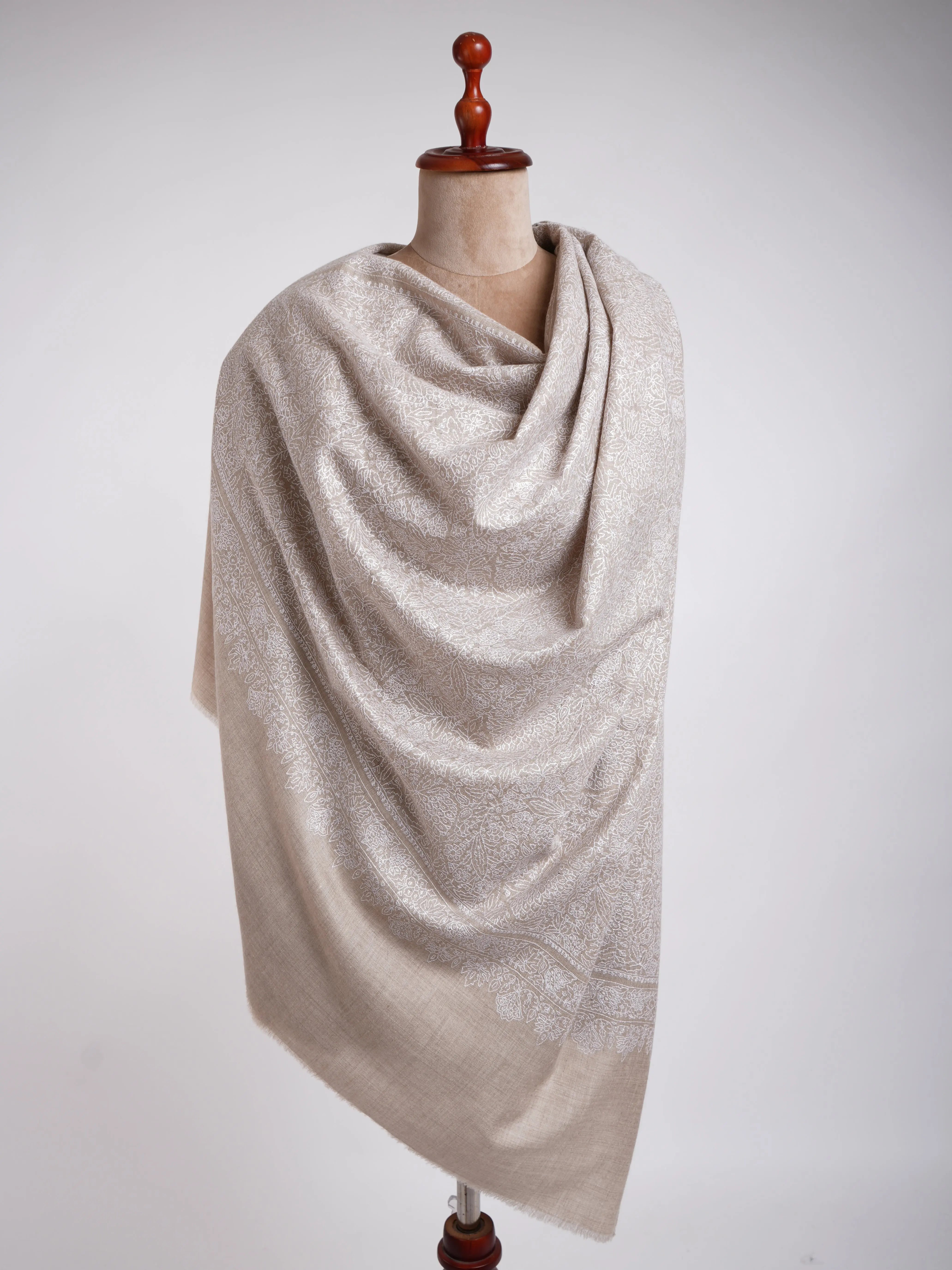 Grey with White Embroidered Pashmina Shawl Shahkaar