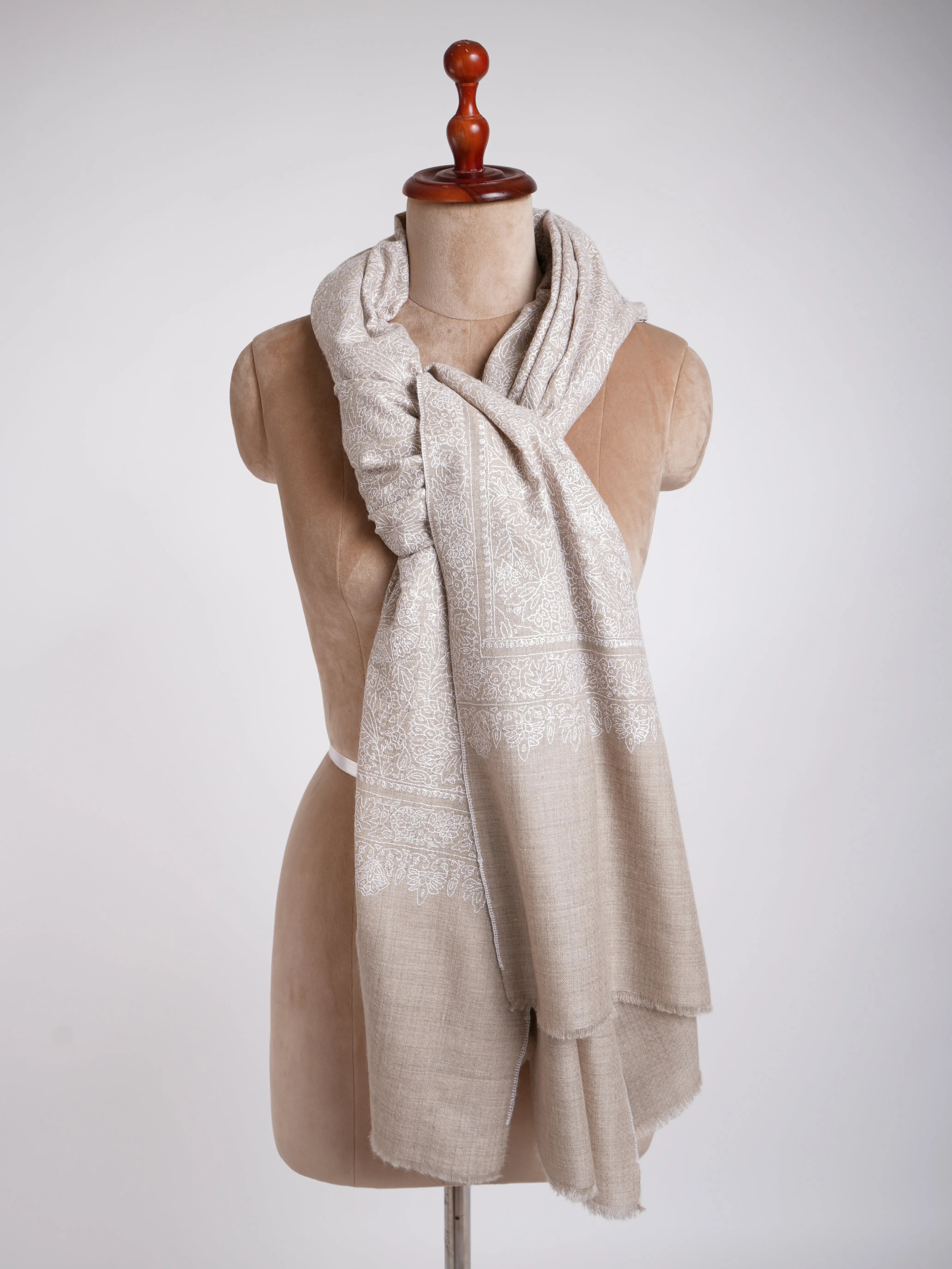 Grey with White Embroidered Pashmina Shawl Shahkaar
