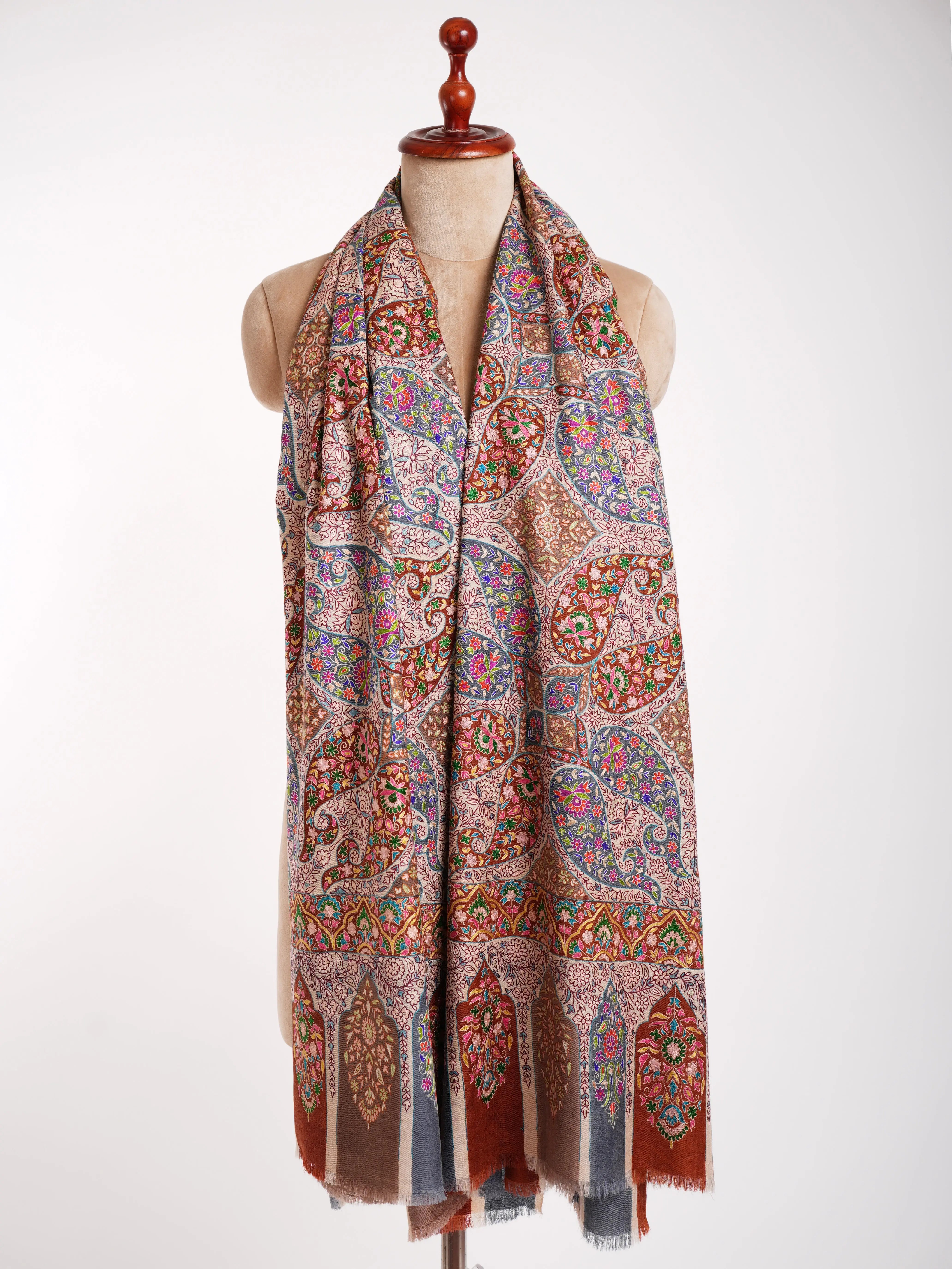 Hand Embroidered 8 Paisley Kalamkari Pashmina Shawl Shahkaar
