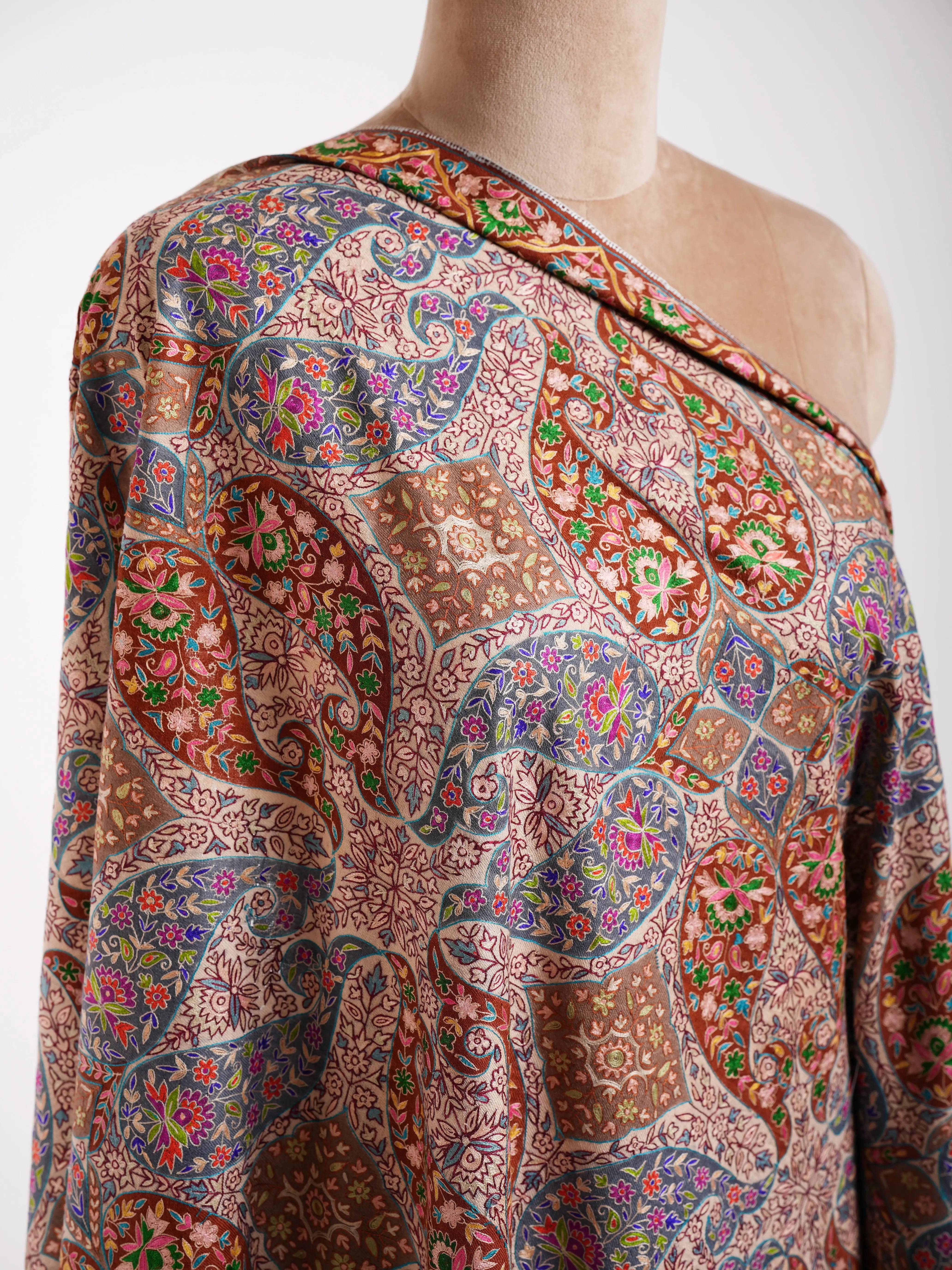 Hand Embroidered 8 Paisley Kalamkari Pashmina Shawl Shahkaar
