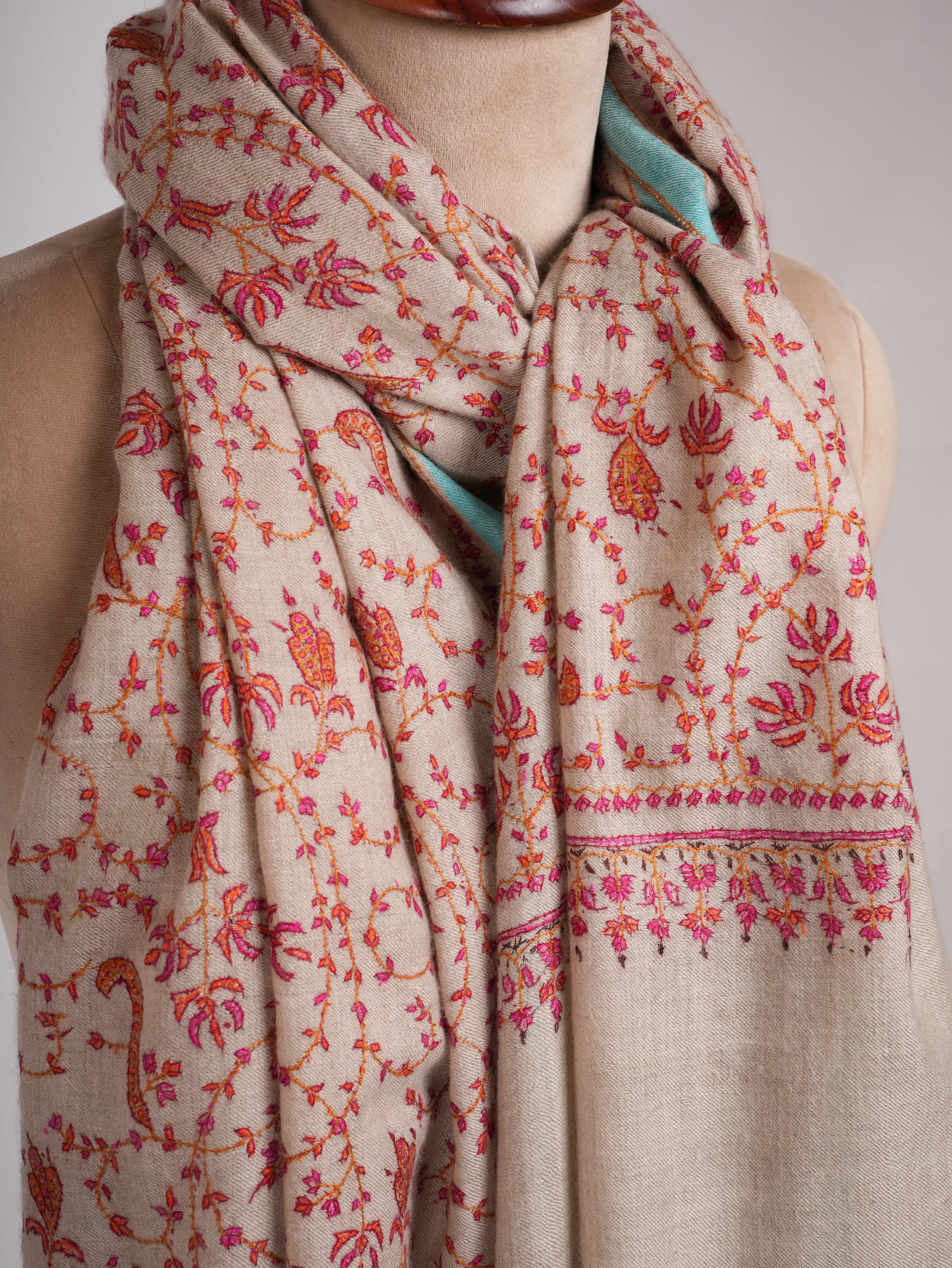 Hand Embroidered Allover Jali Motif Silver Pashmina Shawl Shahkaar
