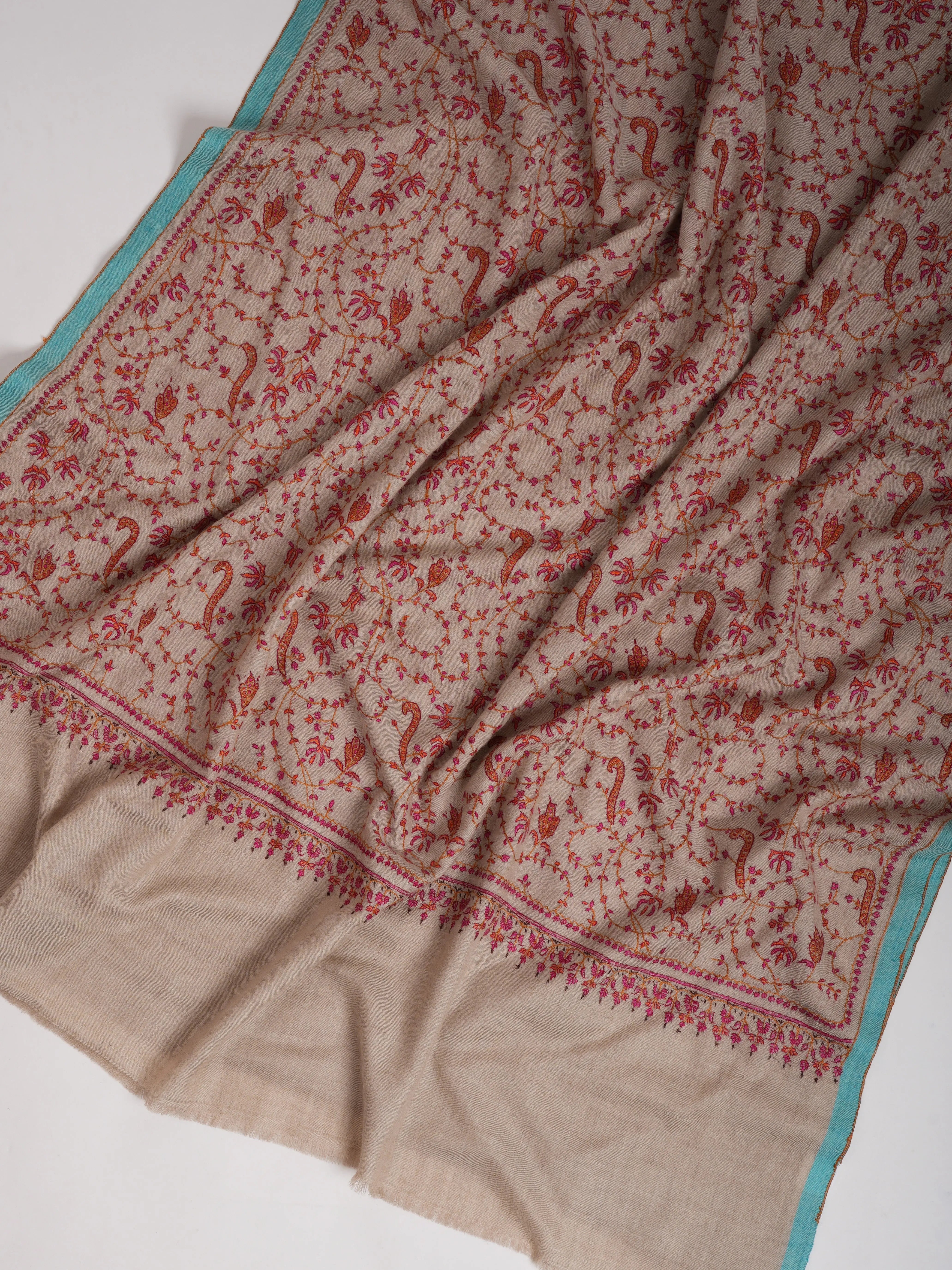 Hand Embroidered Allover Jali Motif Silver Pashmina Shawl Shahkaar