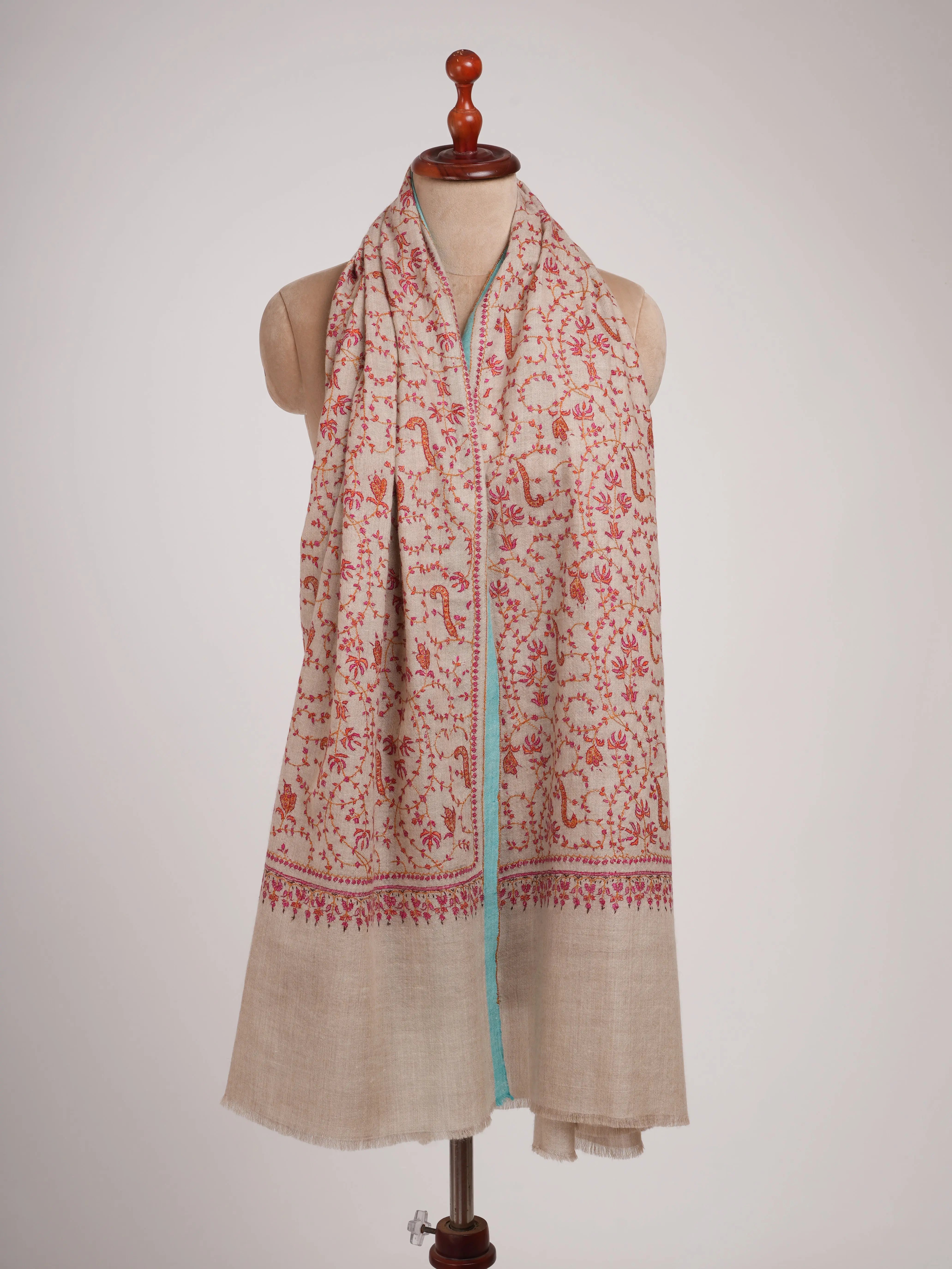 Hand Embroidered Allover Jali Motif Silver Pashmina Shawl Shahkaar