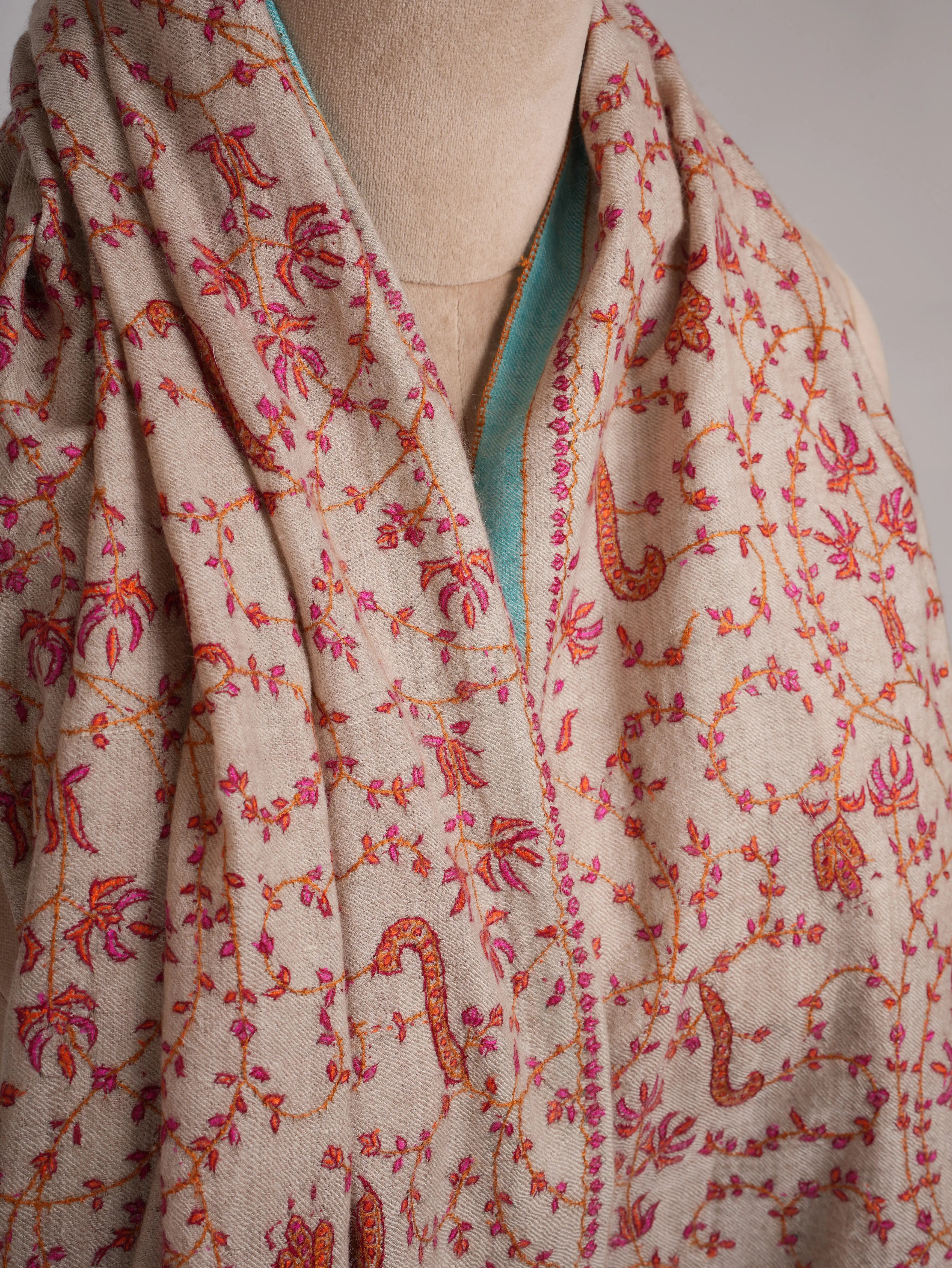 Hand Embroidered Allover Jali Motif Silver Pashmina Shawl Shahkaar