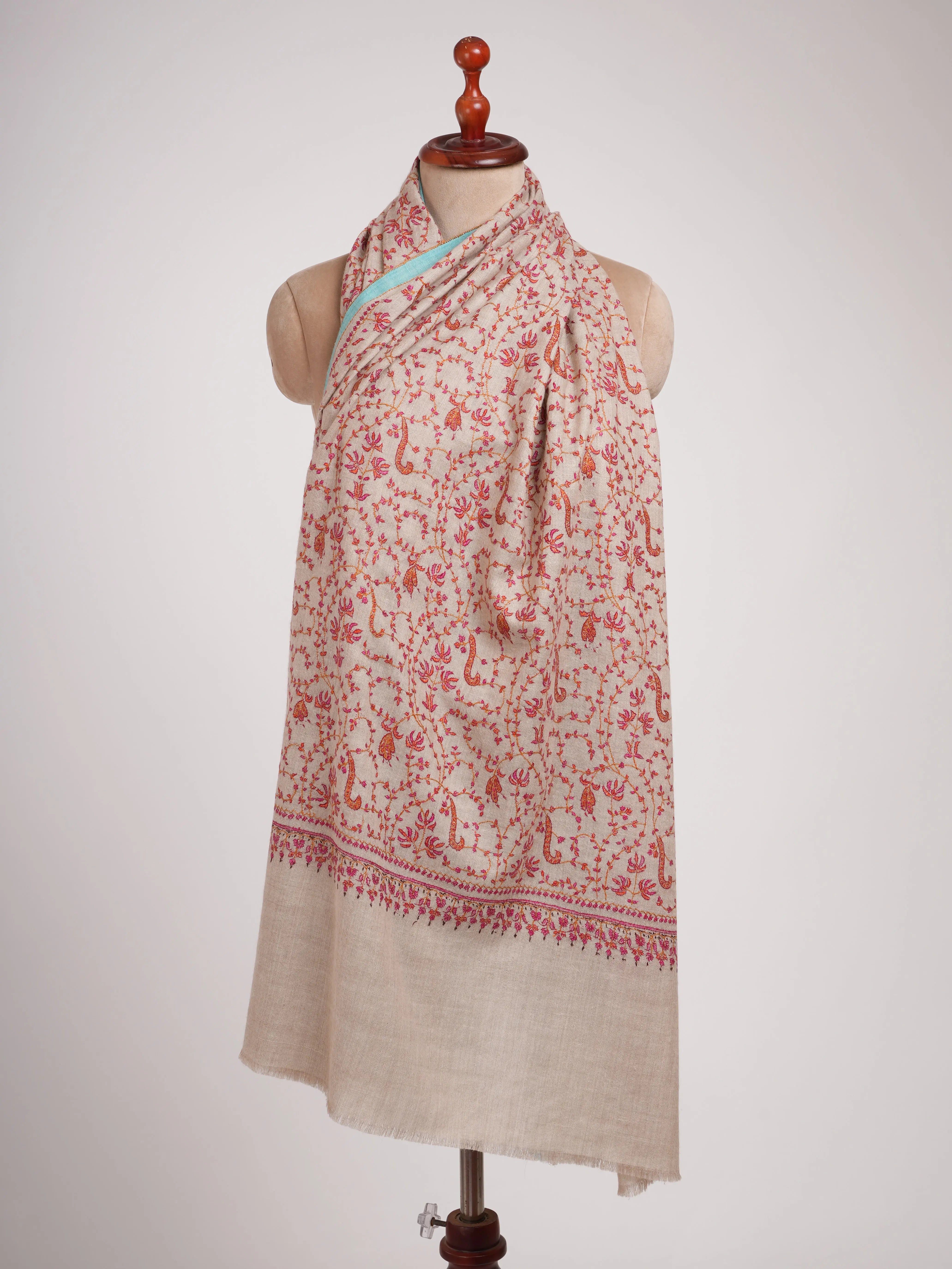 Hand Embroidered Allover Jali Motif Silver Pashmina Shawl Shahkaar