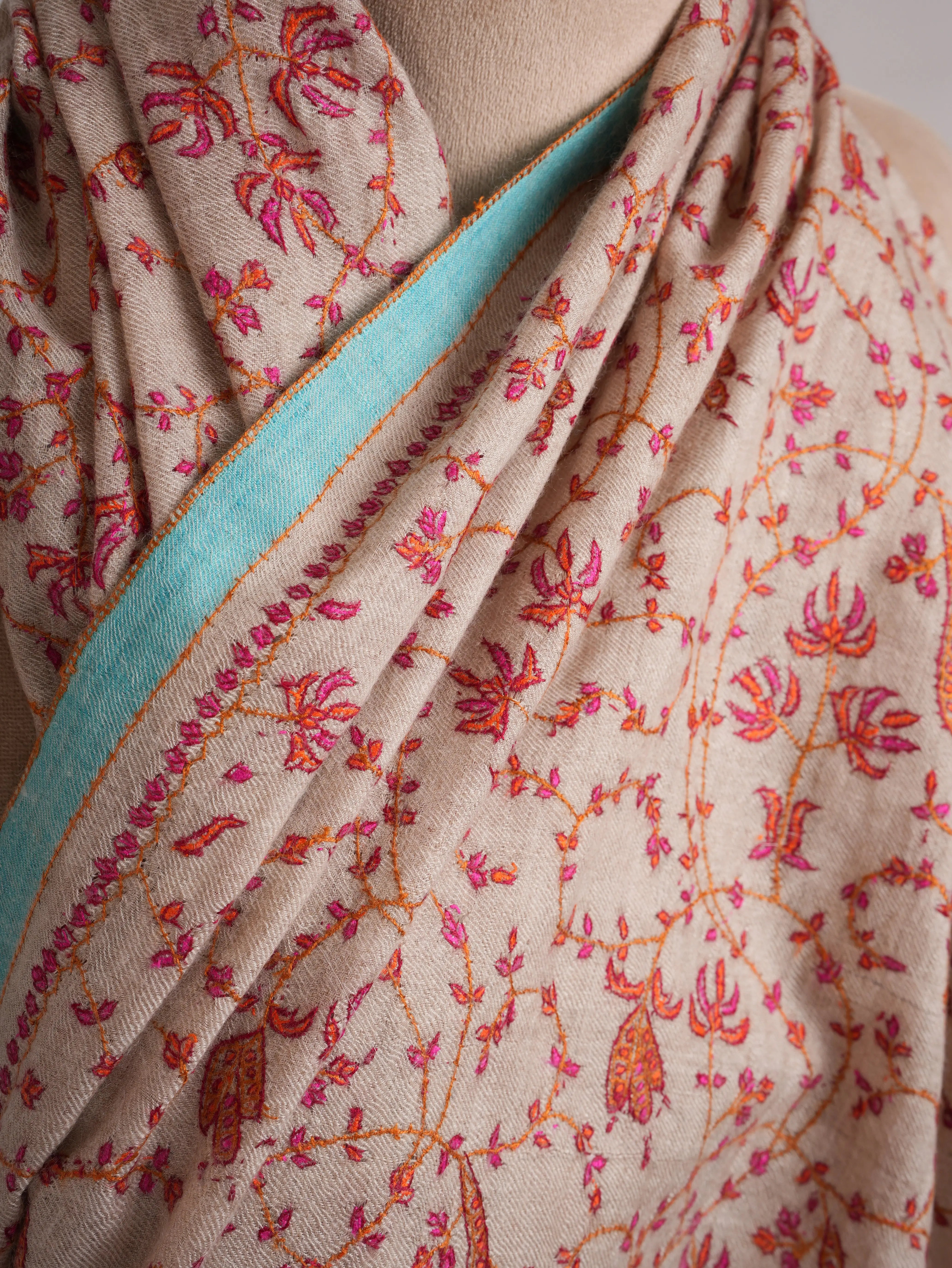 Hand Embroidered Allover Jali Motif Silver Pashmina Shawl Shahkaar